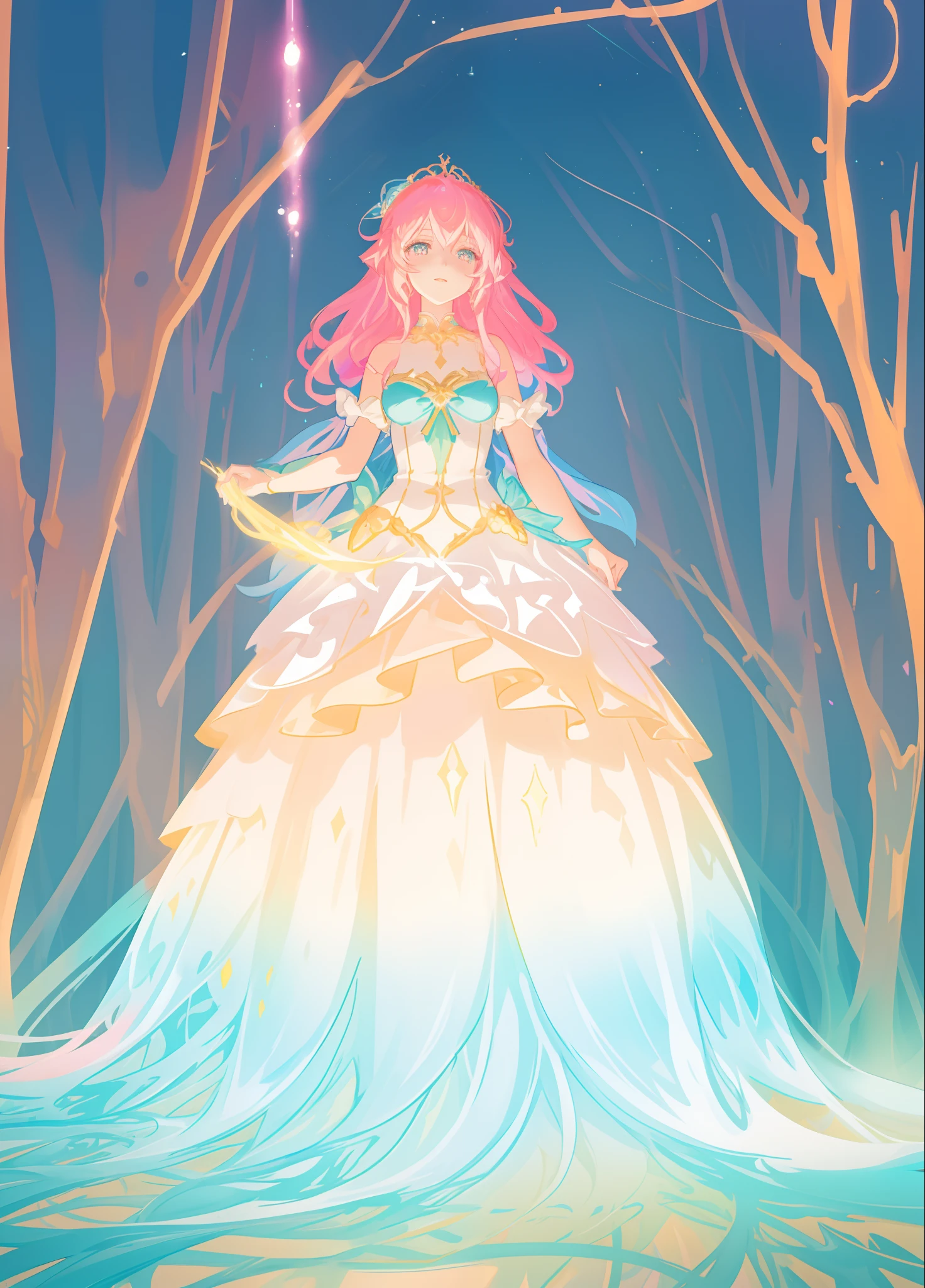 beautiful girl, puffy tiered layered ballgown, magical forest, vibrant pastel colors, (colorful), glowing golden long hair, magical lights, sparkling magical liquid, inspired by Glen Keane, inspired by Lois van Baarle, disney art style, by Lois van Baarle, glowing aura around her, by Glen Keane, jen bartel, glowing lights! digital painting, flowing glowing hair, glowing flowing hair, beautiful digital illustration, fantasia background, whimsical, magical, fantasy, ((beautiful face)), ((masterpiece, best quality)), intricate details, highly detailed, sharp focus, 8k resolution, sparkling detailed eyes, liquid watercolor