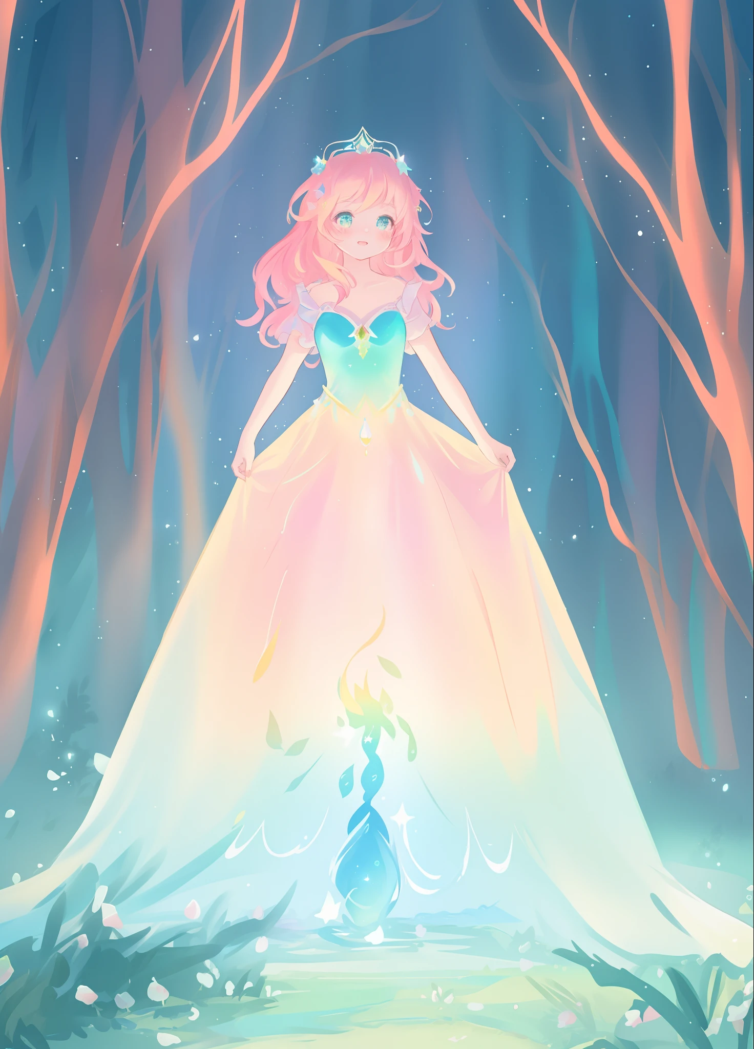 beautiful girl, puffy tiered layered ballgown, magical forest, vibrant pastel colors, (colorful), glowing golden long hair, magical lights, sparkling magical liquid, inspired by Glen Keane, inspired by Lois van Baarle, disney art style, by Lois van Baarle, glowing aura around her, by Glen Keane, jen bartel, glowing lights! digital painting, flowing glowing hair, glowing flowing hair, beautiful digital illustration, fantasia background, whimsical, magical, fantasy, ((beautiful face)), ((masterpiece, best quality)), intricate details, highly detailed, sharp focus, 8k resolution, sparkling detailed eyes, liquid watercolor