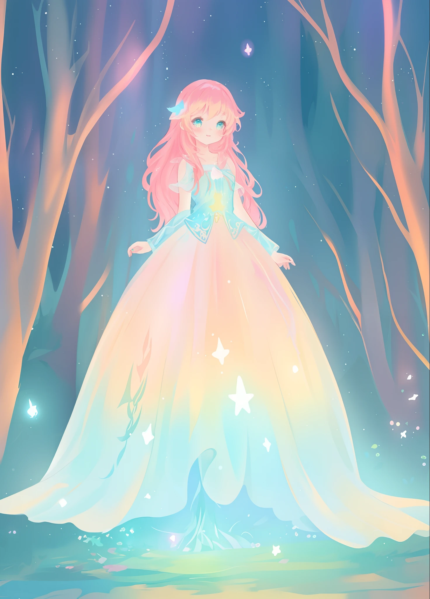 beautiful girl, puffy tiered layered ballgown, magical forest, vibrant pastel colors, (colorful), glowing golden long hair, magical lights, sparkling magical liquid, inspired by Glen Keane, inspired by Lois van Baarle, disney art style, by Lois van Baarle, glowing aura around her, by Glen Keane, jen bartel, glowing lights! digital painting, flowing glowing hair, glowing flowing hair, beautiful digital illustration, fantasia background, whimsical, magical, fantasy, ((beautiful face)), ((masterpiece, best quality)), intricate details, highly detailed, sharp focus, 8k resolution, sparkling detailed eyes, liquid watercolor