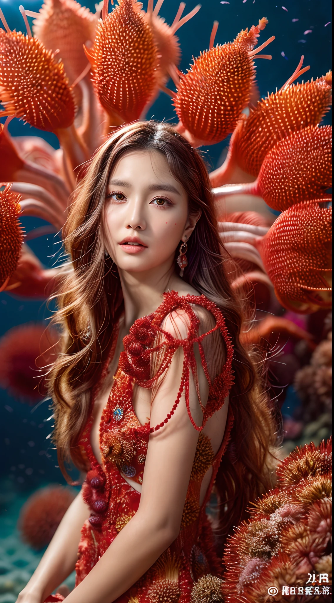 A model, hyper realistic faces, goddess, she is wearing a beautiful long flowing vivid red dress made entirely of red sea urchins and anenome tentacles, highly detailed portrait photography with depth of field, full body --v 4 --ar 9:16 --q 2, midshot, brown long hair, eyes on camera