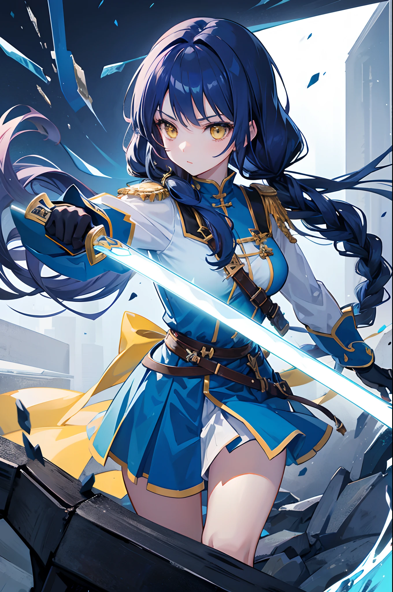 Anime, 1girl, solo, girl with ice sword, long hair, unusual hairstyles, dark blue hair, yellow eyes. Knight Uniform. Holding a sword.
