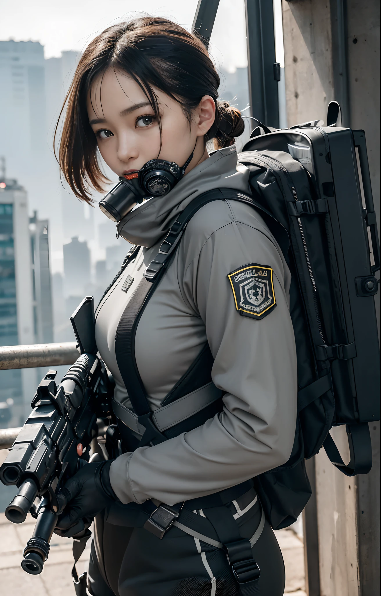 Highest image quality, outstanding details, ultra-high resolution, (realism: 1.4), ((close up:0.75, from front)), Photorealistic, highly condensed 1 lady, full body, aiming with a rifle, Combat pose, (Detailed face), looking at the camera, (wearing nylon rash-guard as police uniform, gloves, black and gray mecha, wearing futuristic-gasmask, military harness, holding a machinegun, carrying hich-tech-backpack), background grey, Fingers are occluded