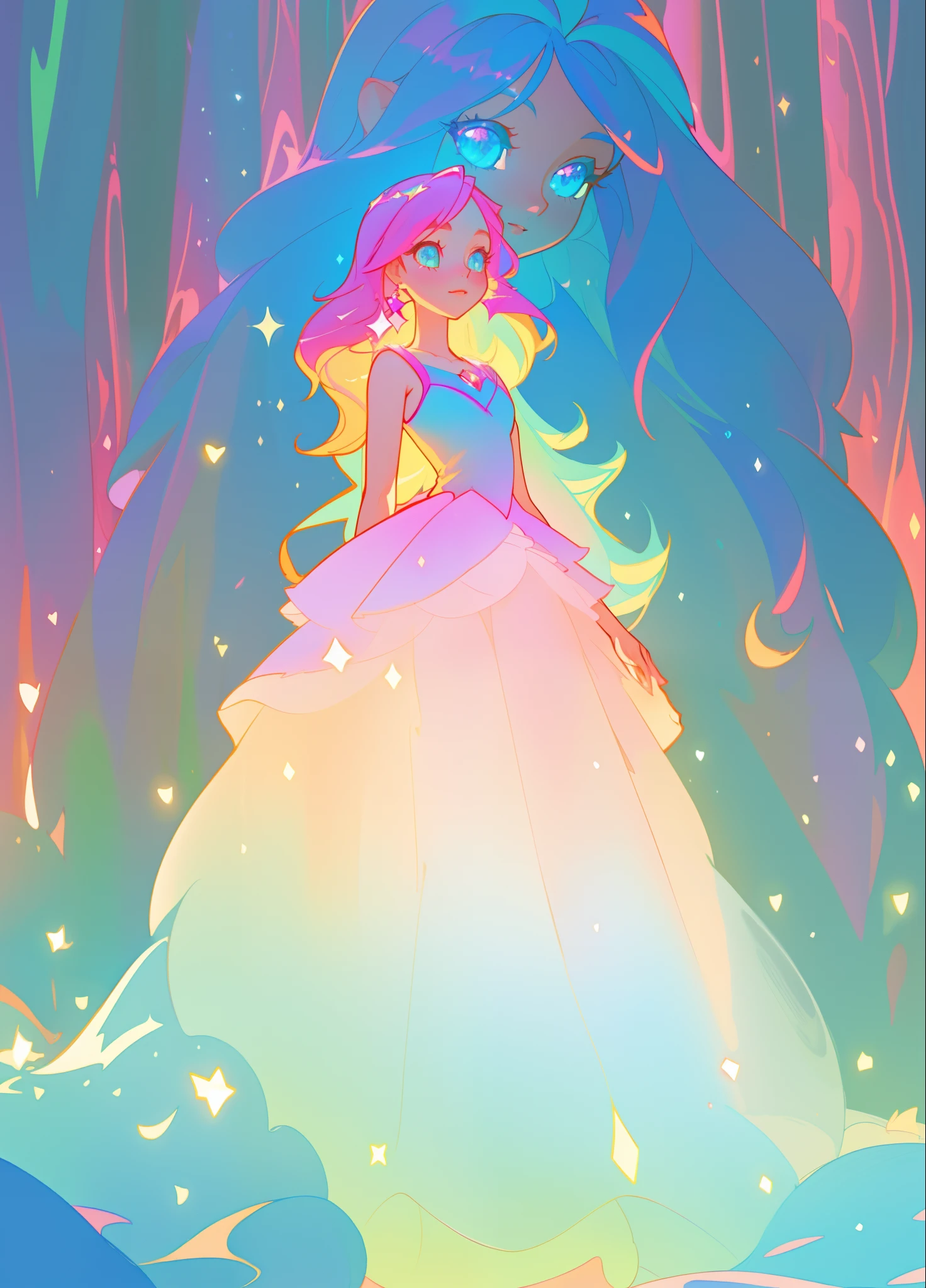 beautiful girl, puffy tiered layered ballgown, magical forest, vibrant pastel colors, (colorful), glowing golden long hair, magical lights, sparkling magical liquid, inspired by Glen Keane, inspired by Lois van Baarle, disney art style, by Lois van Baarle, glowing aura around her, by Glen Keane, jen bartel, glowing lights! digital painting, flowing glowing hair, glowing flowing hair, beautiful digital illustration, fantasia background, whimsical, magical, fantasy, ((beautiful face)), ((masterpiece, best quality)), intricate details, highly detailed, sharp focus, 8k resolution, sparkling detailed eyes, liquid watercolor