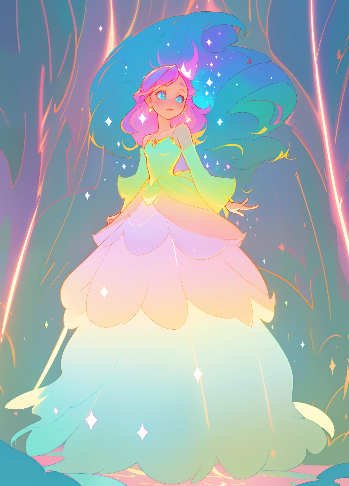 beautiful girl, puffy tiered layered ballgown, magical forest, vibrant pastel colors, (colorful), glowing golden long hair, magical lights, sparkling magical liquid, inspired by Glen Keane, inspired by Lois van Baarle, disney art style, by Lois van Baarle, glowing aura around her, by Glen Keane, jen bartel, glowing lights! digital painting, flowing glowing hair, glowing flowing hair, beautiful digital illustration, fantasia background, whimsical, magical, fantasy, ((beautiful face)), ((masterpiece, best quality)), intricate details, highly detailed, sharp focus, 8k resolution, sparkling detailed eyes, liquid watercolor