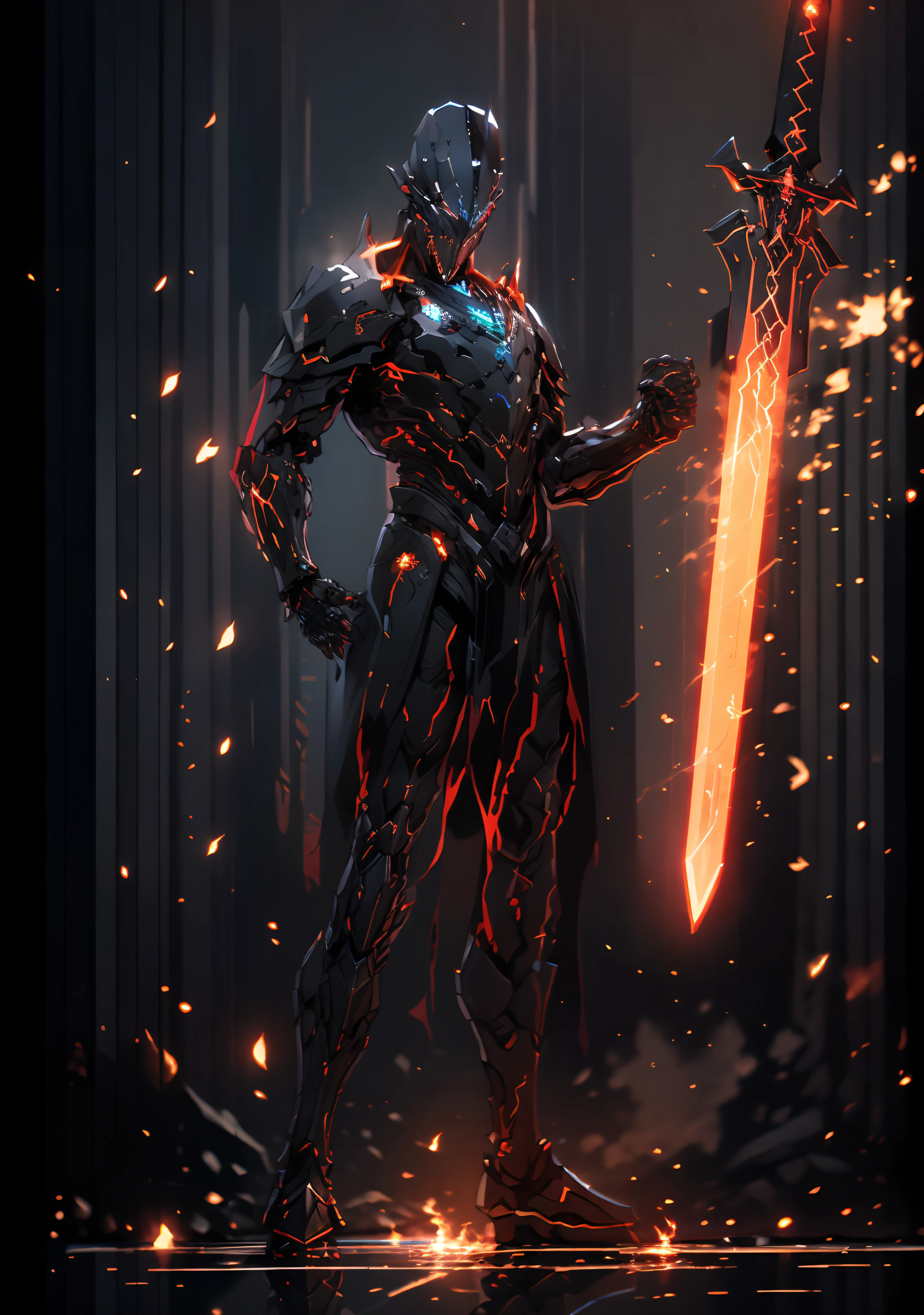 <lora:Giant_WarriorC001:0.7>, glowing,fire,weapon,scenery,giant,multiple others,no humans,glowing eyes,skeleton,science fiction,fantasy,outdoors,sword,standing,holding,mecha,night,building,sky, glowing staff, molten rock,spikes, spear, size difference, embers, orange theme, holding sword, destruction, polearm, (skin ripped by red wax:1.2)
