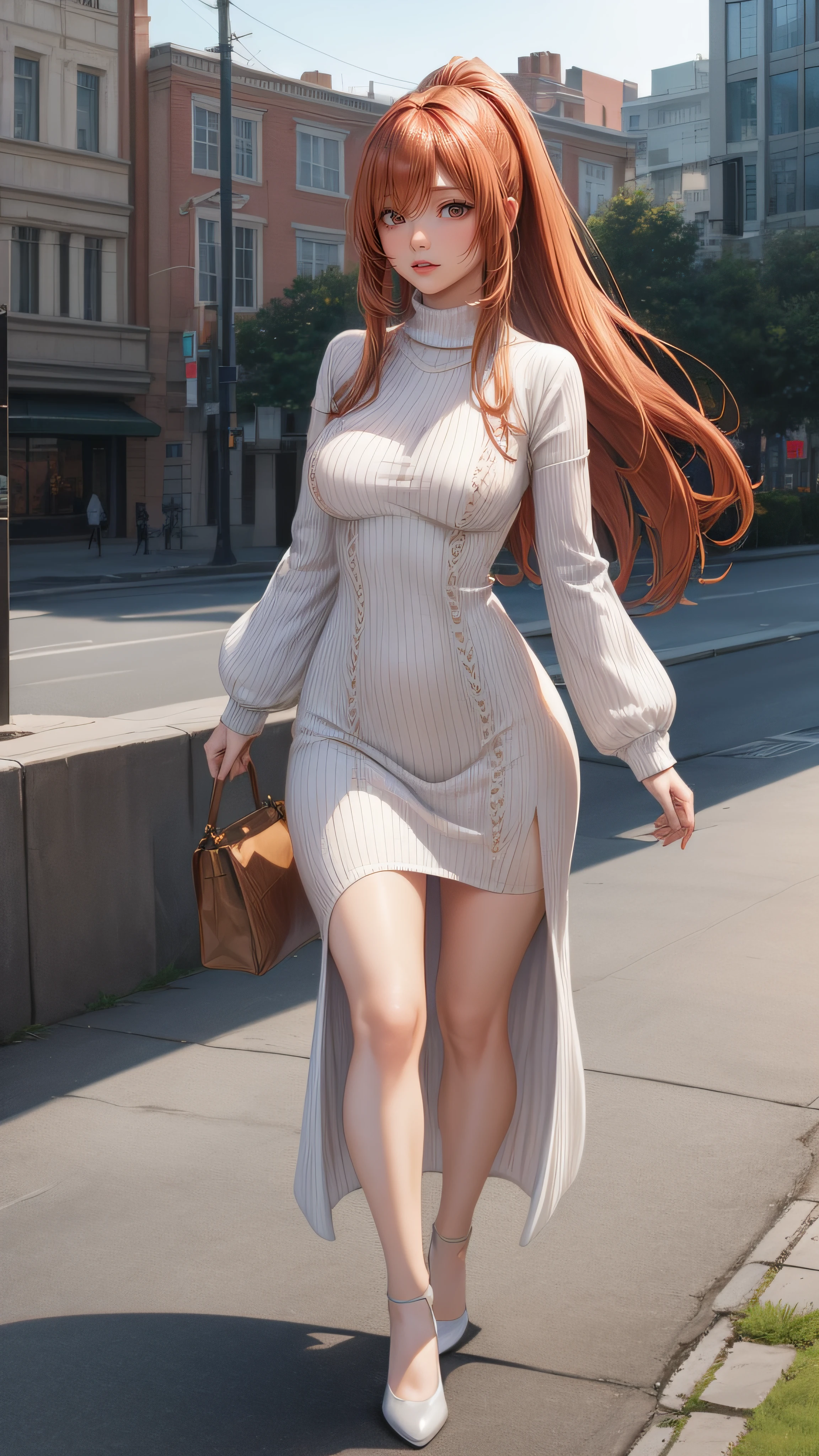 (from below),((1girl:1.5),curvy,petite,beautiful breasts,(large breasts),pale skin,erect nipples),((realistic),high resolution,best quality,masterpiece,(Sense of presence:1.5),(((Dynamic,bold))))),(((extra long High ponytail),(thin hair:1.5),(straight hair),Swept bangs,(extra light coppery red hair),(hair over one eye),hair blowing in the wind)),(long knit dress:1.2)