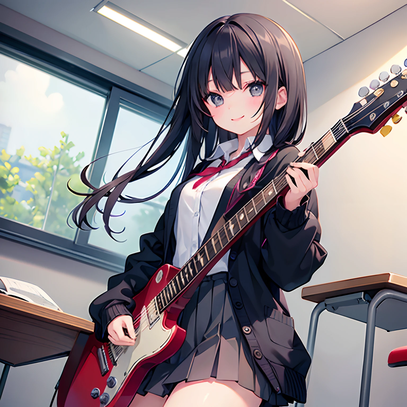 girl with、1 persons、Dark hair、Black eyes、length hair、A smile、Pupils、校服、Cardigan、Classroom、Play the guitar