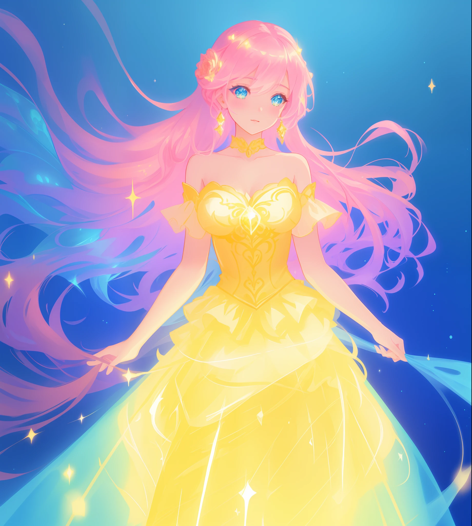 beautiful girl, puffy tiered ballgown, vibrant pastel colors, (colorful), glowing golden long hair, magical lights, sparkling magical liquid, inspired by Glen Keane, inspired by Lois van Baarle, disney art style, by Lois van Baarle, glowing aura around her, by Glen Keane, jen bartel, glowing lights! digital painting, flowing glowing hair, glowing flowing hair, beautiful digital illustration, fantasia background, whimsical, magical, fantasy, ((beautiful face)), ((masterpiece, best quality)), intricate details, highly detailed, sharp focus, 8k resolution, sparkling detailed eyes, liquid watercolor