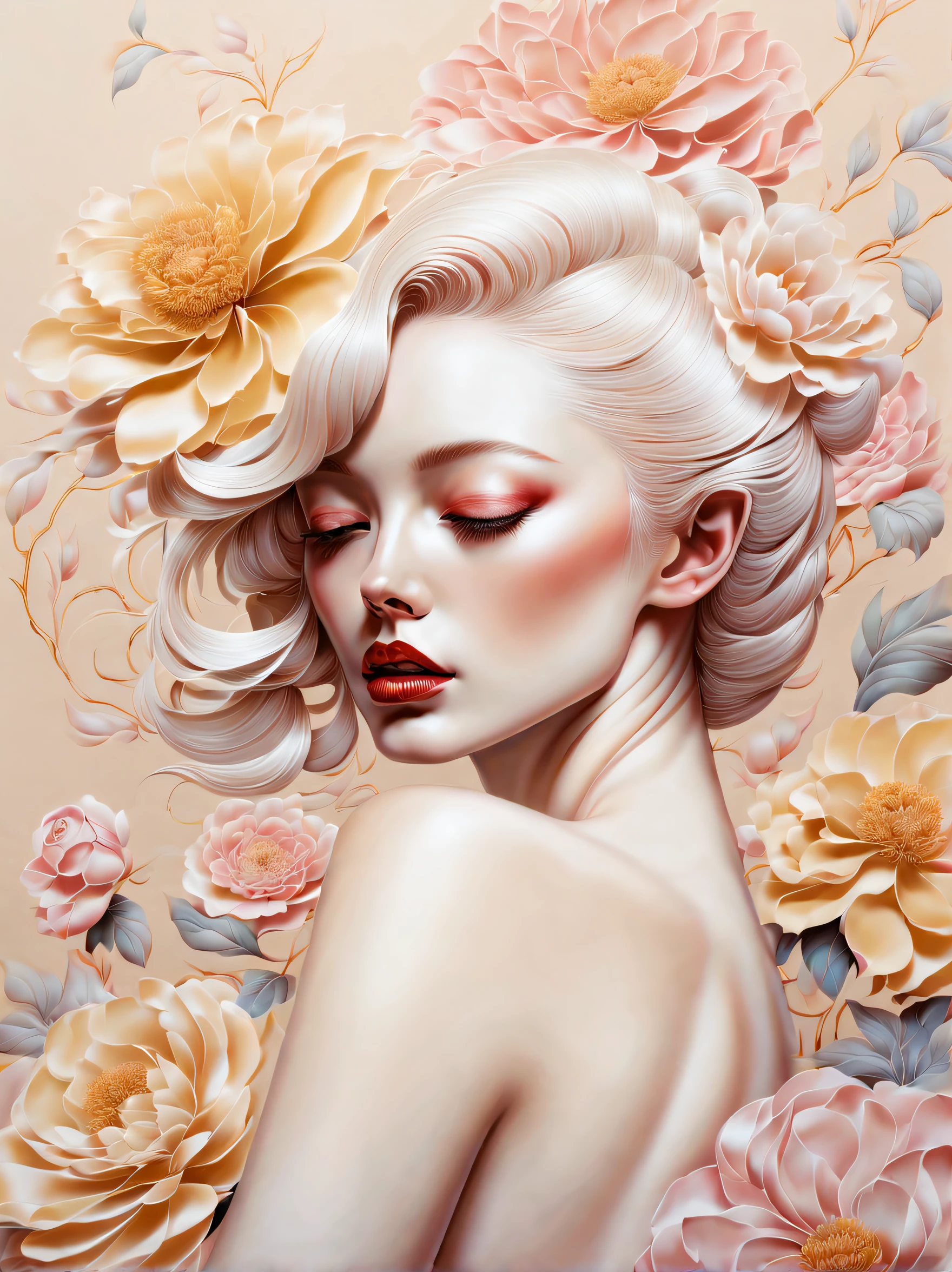 chiaroscuro technique on sensual illustration of an elegant , retro and vintage ,silky flower around body, matte painting, by Hannah Dale, by Harumi Hironaka, extremely soft colors, vibrant, pastel, highly detailed, digital artwork, high contrast, dramatic, refined, tonal, golden ratio