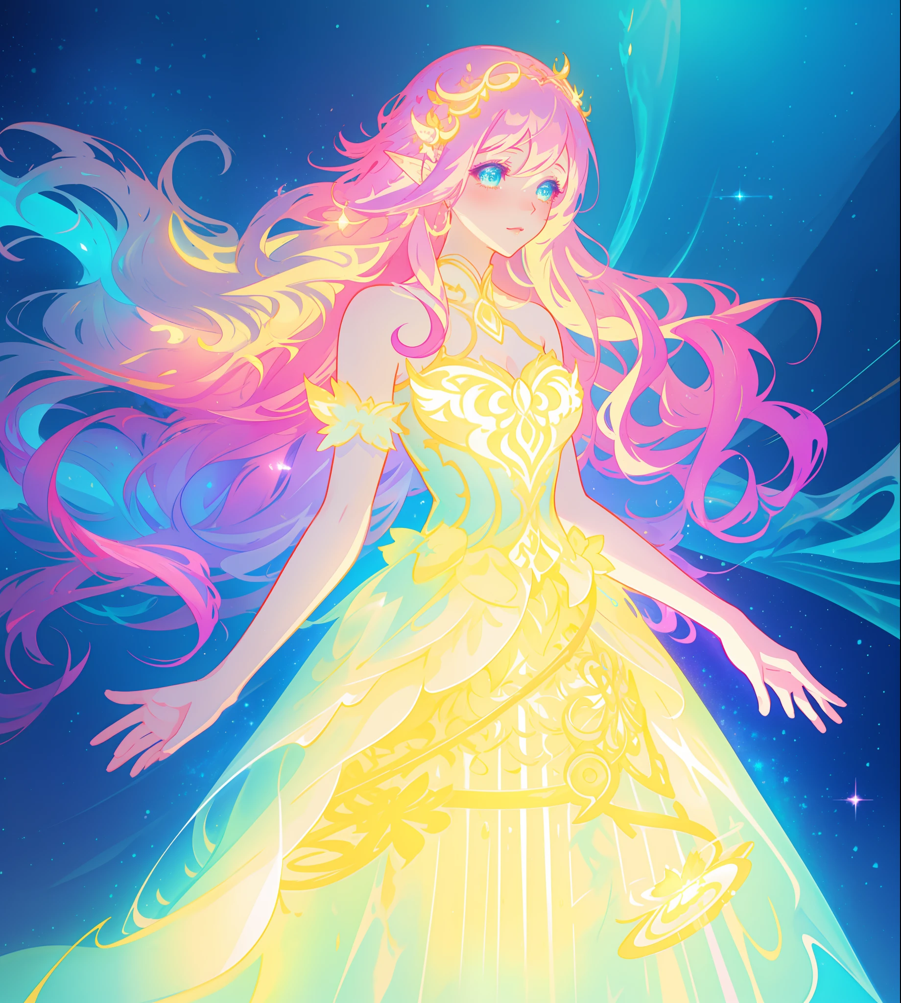 beautiful girl, puffy tiered ballgown, vibrant pastel colors, (colorful), glowing golden long hair, magical lights, sparkling magical liquid, inspired by Glen Keane, inspired by Lois van Baarle, disney art style, by Lois van Baarle, glowing aura around her, by Glen Keane, jen bartel, glowing lights! digital painting, flowing glowing hair, glowing flowing hair, beautiful digital illustration, fantasia background, whimsical, magical, fantasy, ((beautiful face)), ((masterpiece, best quality)), intricate details, highly detailed, sharp focus, 8k resolution, sparkling detailed eyes, liquid watercolor