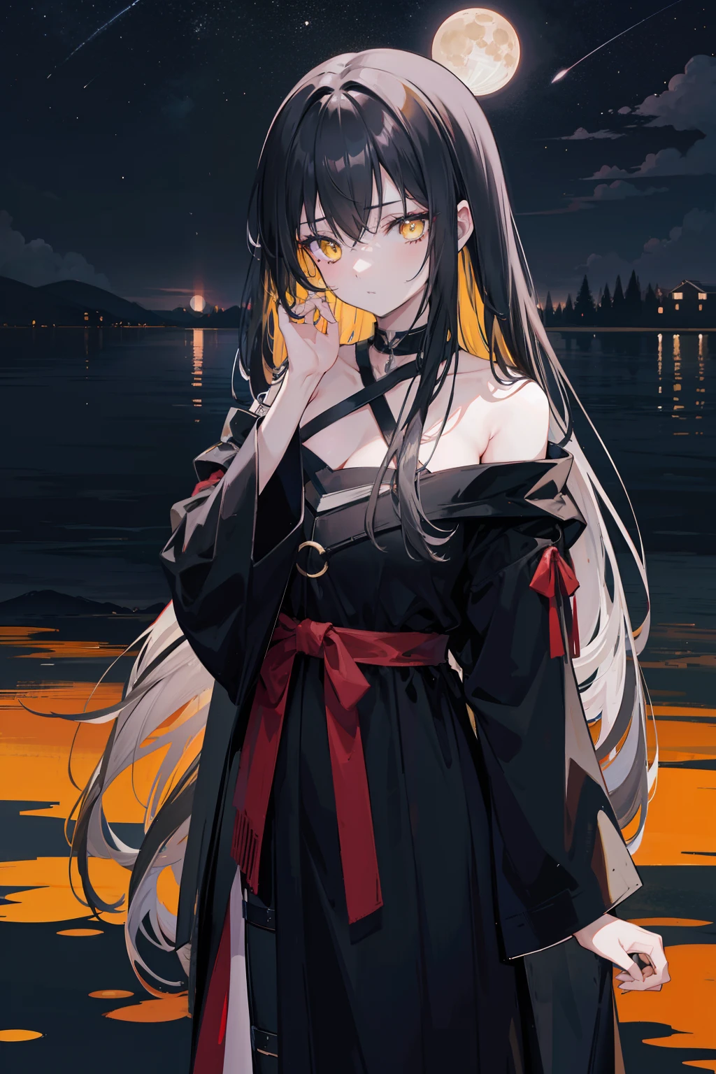 anime girl, long messy black hair, beautiful yellow eyes, wearing a long pitch black robe, sad expression, standing on a boat in the middle of a lake, under a very detailed moon, a dark sky, pitch darkness, no sunlight, no sunset, no sunrise, trees in the distance beside the lake, zoomed out, wallpaper, girl facing away from camera, 8k, high resolution