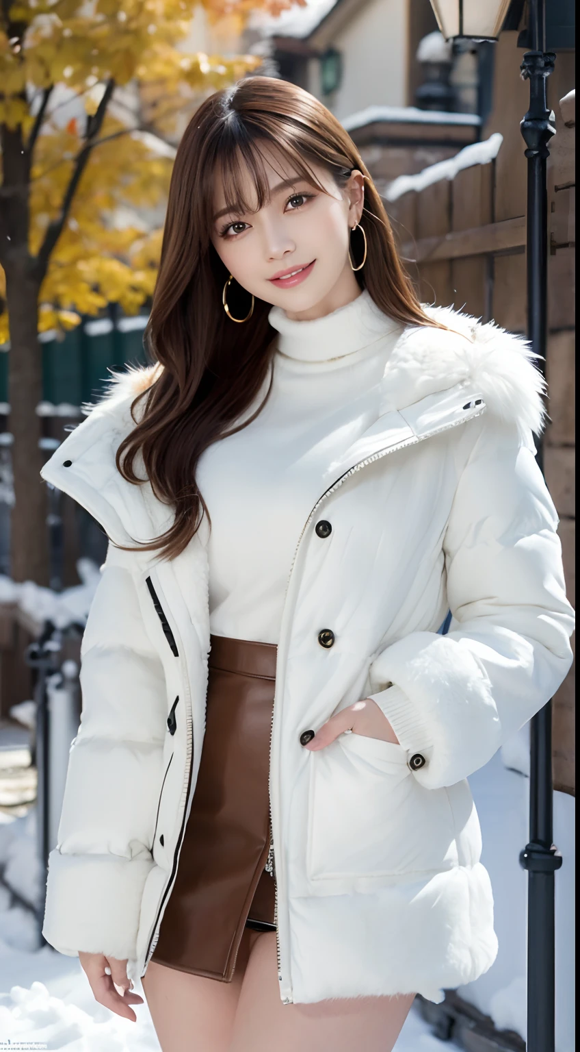 masutepiece, Best Quality, Photorealistic, top-quality, finely detail, High resolution, 8K、Wallpaper, 1 beautiful woman, Master works, Professional photographer, In a fluffy fur coat, a miniskirt, ligh brown hair, piercings, Facing the front, Perfect dynamic composition, Beautiful detailed eyes, Smile, In the winter park,