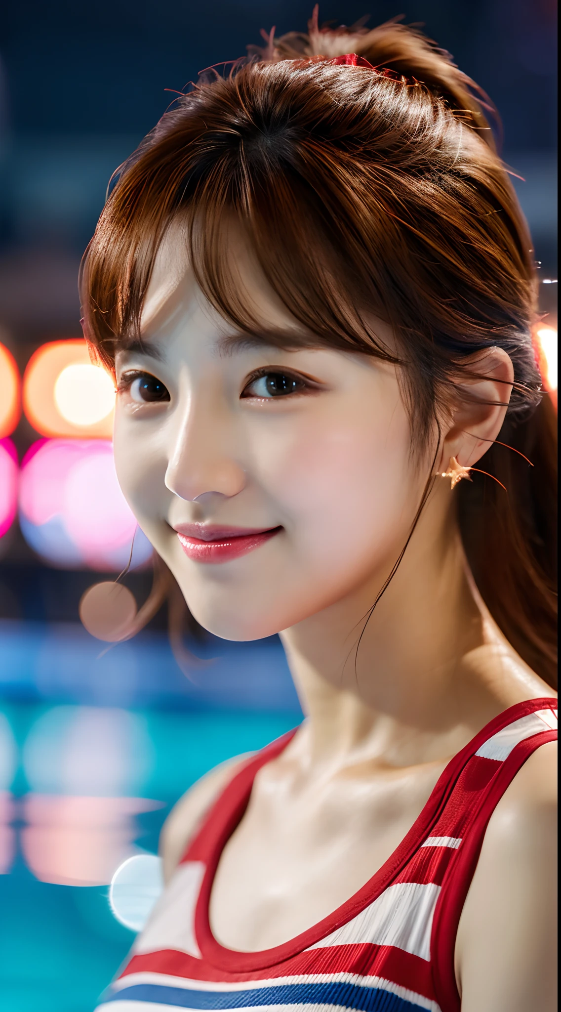 Realistic photos of (1 cute Korean star) hair behind ear, thin makeup, slightly smile, 32 inch breasts size,wearing red vertical striped tank top, standing at pool side, close-up portrait, cinematic lighting, UHD