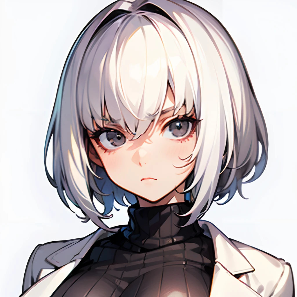 1woman, short messy white hair, black eyes, white scientist coat, black ribbed sweater, big breast, stoic expression, solo, best quality, masterpiece, portrait, simple background, looking at the camera, from the front, 1result, vibrant, detailed, perfect anatomy, detailed art, high definition, 4k, high resolution