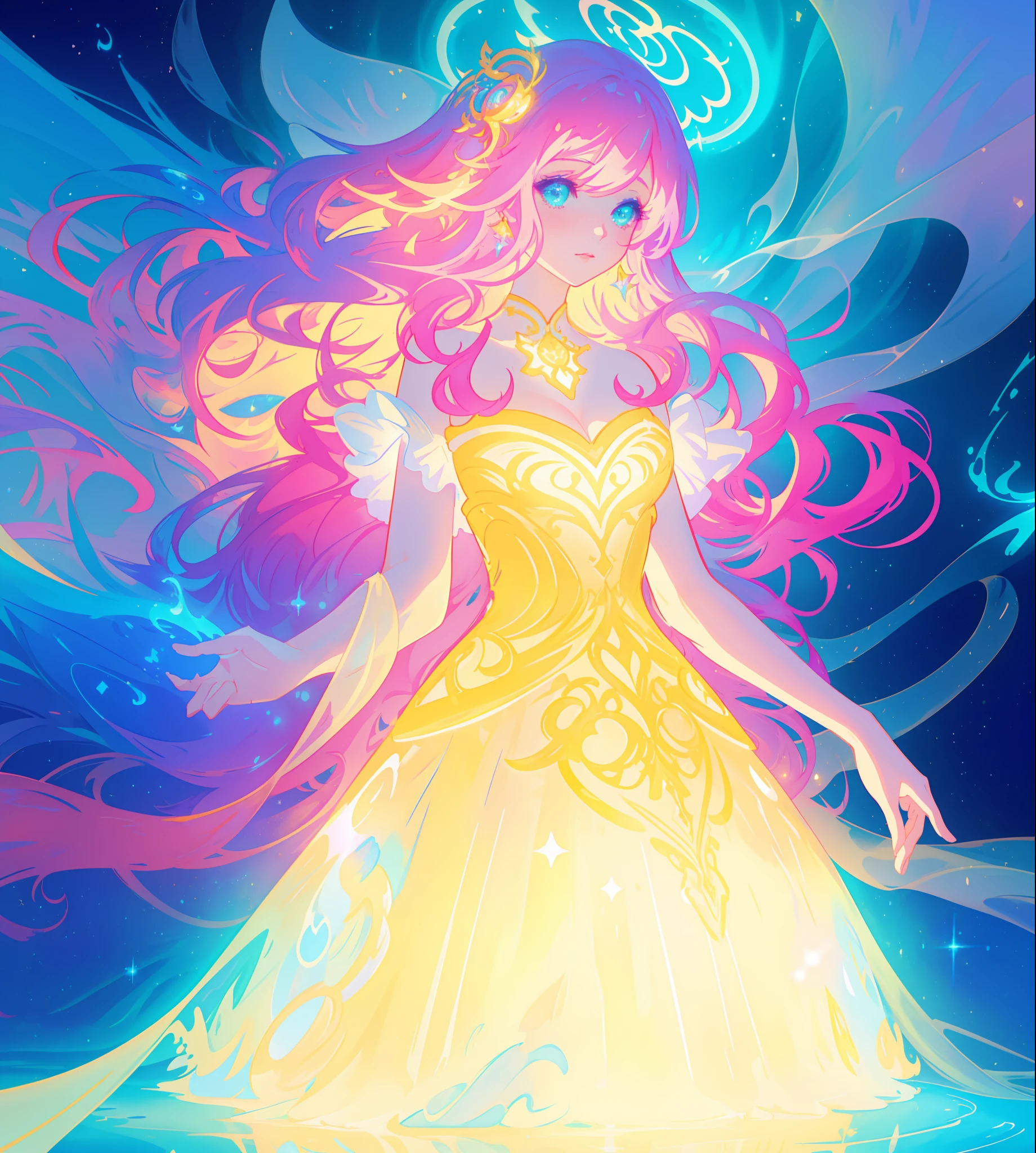 beautiful girl, puffy tiered ballgown, vibrant pastel colors, (colorful), glowing golden long hair, magical lights, sparkling magical liquid, inspired by Glen Keane, inspired by Lois van Baarle, disney art style, by Lois van Baarle, glowing aura around her, by Glen Keane, jen bartel, glowing lights! digital painting, flowing glowing hair, glowing flowing hair, beautiful digital illustration, fantasia background, whimsical, magical, fantasy, ((beautiful face)), ((masterpiece, best quality)), intricate details, highly detailed, sharp focus, 8k resolution, sparkling detailed eyes, liquid watercolor