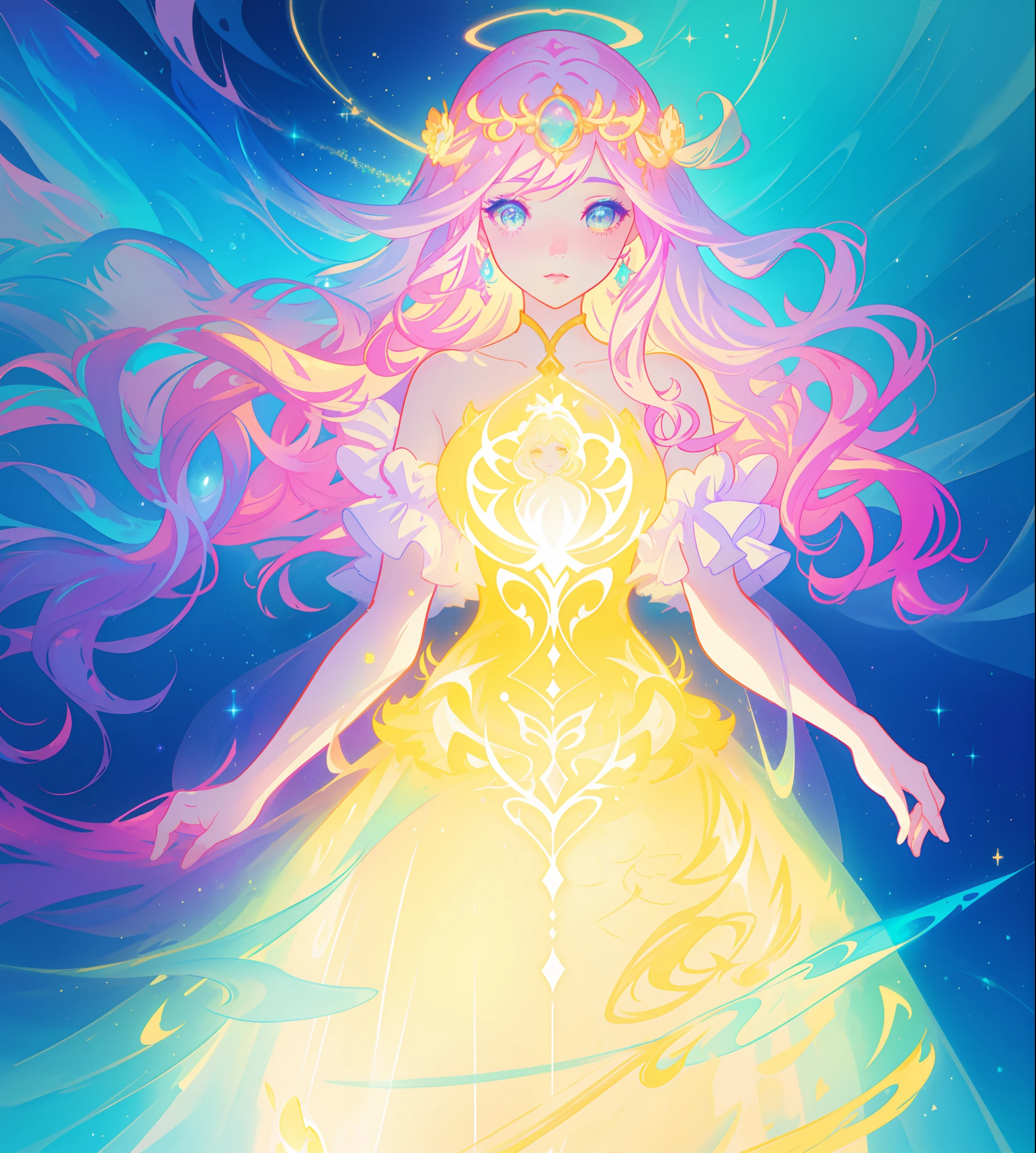 beautiful girl, puffy tiered ballgown, vibrant pastel colors, (colorful), glowing golden long hair, magical lights, sparkling magical liquid, inspired by Glen Keane, inspired by Lois van Baarle, disney art style, by Lois van Baarle, glowing aura around her, by Glen Keane, jen bartel, glowing lights! digital painting, flowing glowing hair, glowing flowing hair, beautiful digital illustration, fantasia background, whimsical, magical, fantasy, ((beautiful face)), ((masterpiece, best quality)), intricate details, highly detailed, sharp focus, 8k resolution, sparkling detailed eyes, liquid watercolor