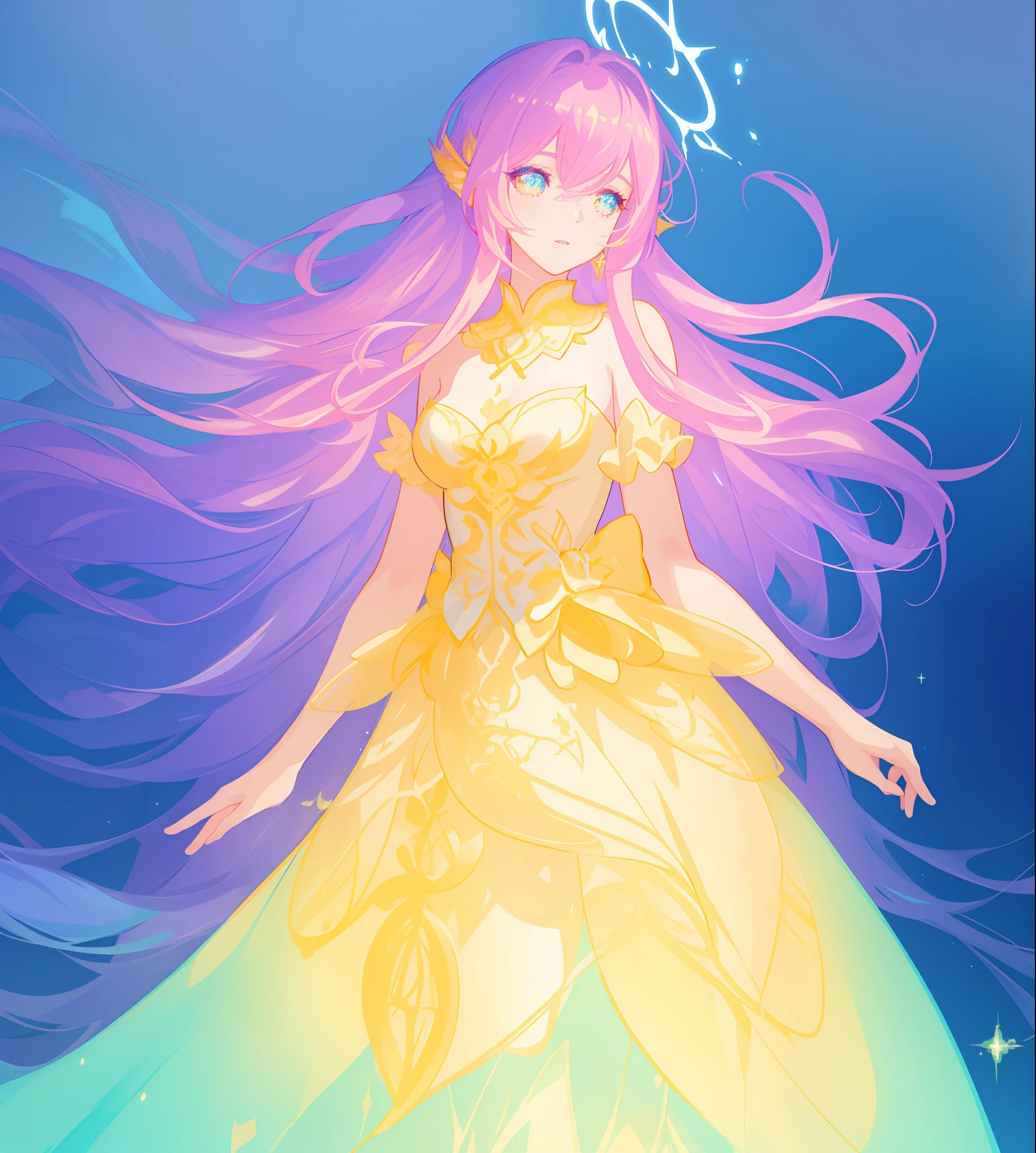 beautiful girl, puffy tiered ballgown, vibrant pastel colors, (colorful), glowing golden long hair, magical lights, sparkling magical liquid, inspired by Glen Keane, inspired by Lois van Baarle, disney art style, by Lois van Baarle, glowing aura around her, by Glen Keane, jen bartel, glowing lights! digital painting, flowing glowing hair, glowing flowing hair, beautiful digital illustration, fantasia background, whimsical, magical, fantasy, ((beautiful face)), ((masterpiece, best quality)), intricate details, highly detailed, sharp focus, 8k resolution, sparkling detailed eyes, liquid watercolor