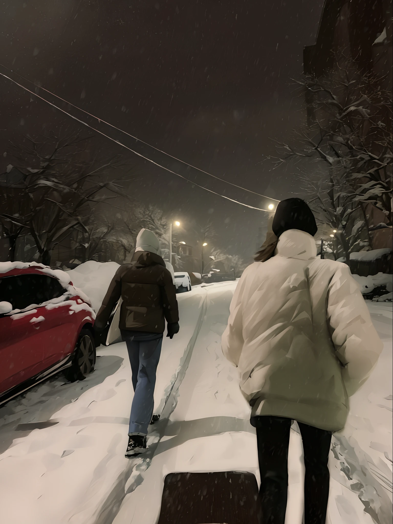 Two people walking on the snow street in the snowy night, snowfall at night, snowy night, during snowfall, only snow in the background, in the middle of a snow storm, In the snow, proudly walking down the street, snowing outside, snowy day, in snow, Standing in the snow, snowing outside, nevando, Cold snow outside, Winter in the snow