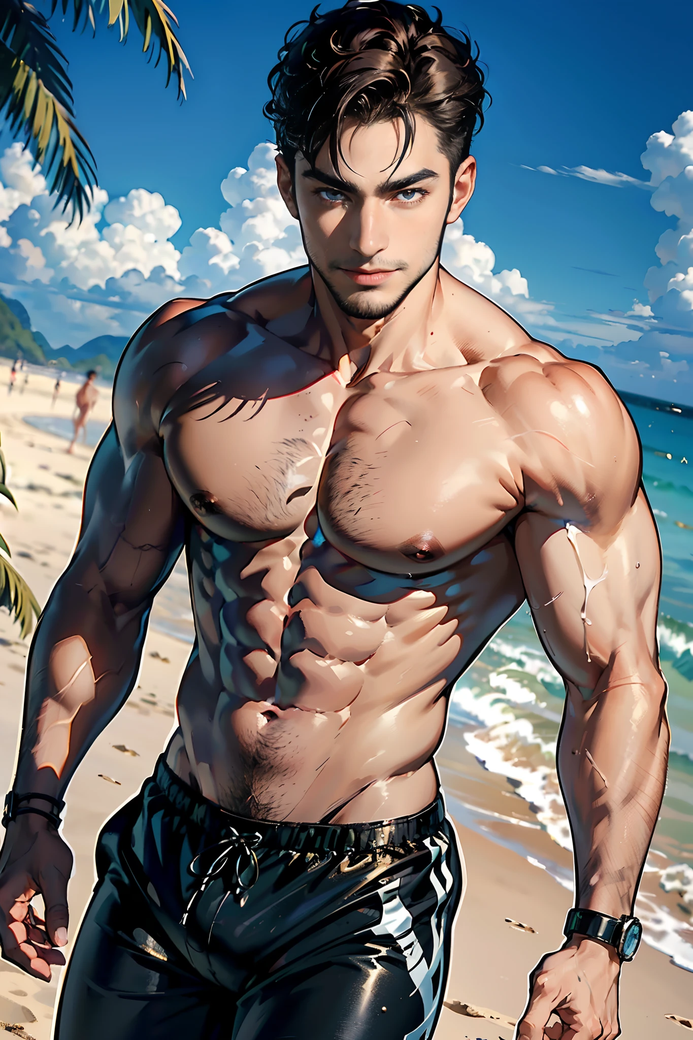 ((masterpiece)),dynamic angle,best lighting,(evil looking man frolicking on the beach),(black zebra swimsuit pants),(Thin macho),glistening skin,
BREAK
(darkbrown hair),beautiful detailed eyes,black eyes,28 years old,very short hair,delicate beautiful face,smile,fantastic autumn sky,stubble,shining sun:1.2