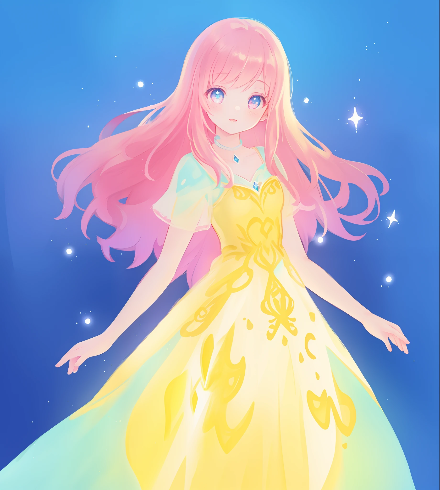beautiful girl, puffy tiered ballgown, vibrant pastel colors, (colorful), glowing golden long hair, magical lights, sparkling magical liquid, inspired by Glen Keane, inspired by Lois van Baarle, disney art style, by Lois van Baarle, glowing aura around her, by Glen Keane, jen bartel, glowing lights! digital painting, flowing glowing hair, glowing flowing hair, beautiful digital illustration, fantasia background, whimsical, magical, fantasy, ((beautiful face)), ((masterpiece, best quality)), intricate details, highly detailed, sharp focus, 8k resolution, sparkling detailed eyes, liquid watercolor