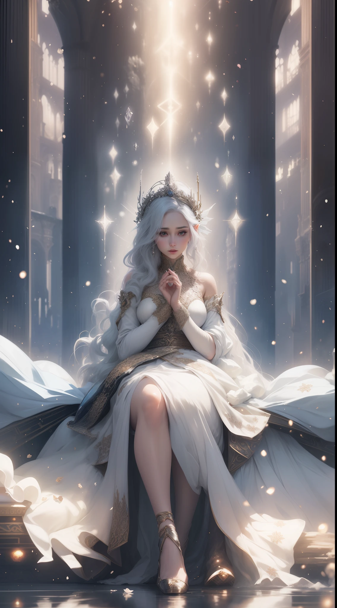 there is a woman sitting in a chair with a white dress, ((a beautiful fantasy empress)), a beautiful fantasy empress, ethereal beauty, queen of winter, beautiful and elegant elf queen, elegant cinematic fantasy art, ethereal fantasy, beautiful fantasy art, fantasy art style, goddess of winter, magali villeneuve', ethereal fairytale, elegant lady with alabaster skin