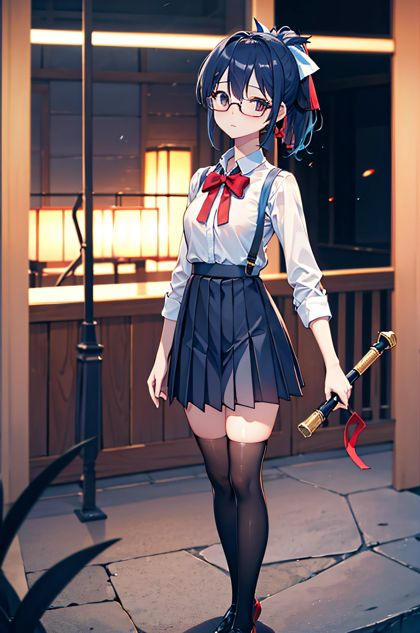 Girl in uniform holding sword in front of Ferris wheel against red sky, Black hair,Blunt bangs, bob cuts, Gapmoe Yandere, yandere, yandere. tall, Light Novel Cover Art, chainsaw sword katana, visual novel cg, inspired by Jin Homura, Crazy Girl summons her slim feet of death、skinny thigh,small tits,eye glasses,