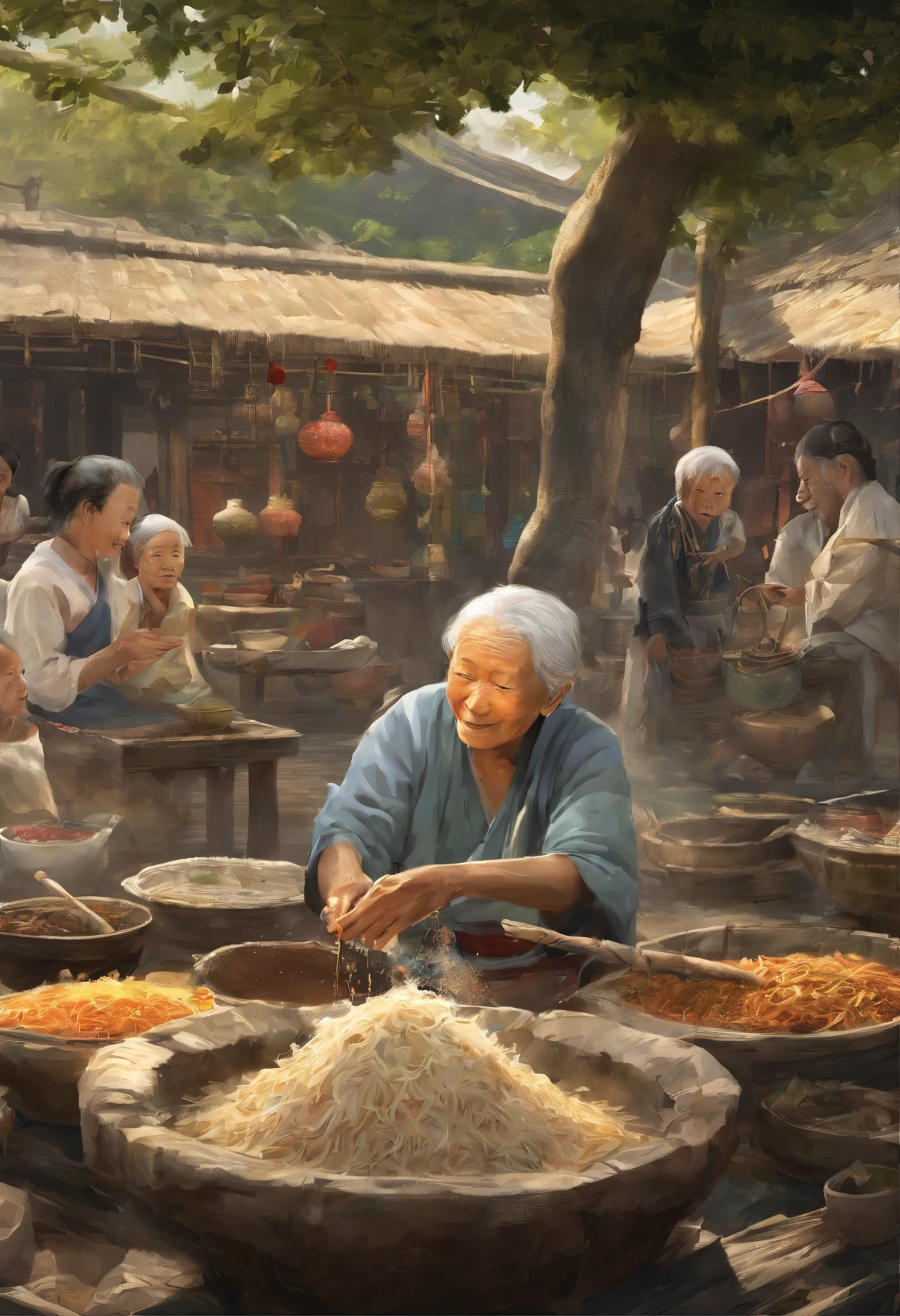 Under the banyan tree on the pier, a smiling old woman wearing traditional Zhuang ethnic clothing and adorned with flowers is serving a bowl of hot porridge to a ragged and weathered old man in her own porridge shop. A long line of people forms behind the old man, all dressed in tattered clothes, eagerly watching the pot of porridge in front of the grandmother. Some of them touch their stomachs, others wipe the drool from their mouths, and a few even tiptoe to count how many people are ahead. A few stretch their necks to catch a whiff of the aroma of the porridge-filled air.

Materials: Illustration, traditional oil painting, realistic digital rendering
Additional details: Pier surroundings, fishing boats, seagulls, banyan tree roots cascading over the ground, traditional decorations in the porridge shop, steam rising from the bowl of porridge, small bowls and spoons on the counter, vintage signage, worn-out wooden tables and chairs
Image quality: (best quality, 4k, highres, masterpiece:1.2), ultra-detailed, (realistic, photorealistic, photo-realistic:1.37), HDR, studio lighting, extreme detail description, professional
Art style: Portraits, traditional scene, family bonds, cultural heritage, realism
Color palette: Earth tones, warm colors, golden light filtering through the leaves of the banyan tree
Lighting: Soft, warm sunlight illuminating the scene, creating natural shadows under the tree branches, spotlight on the porridge bowl