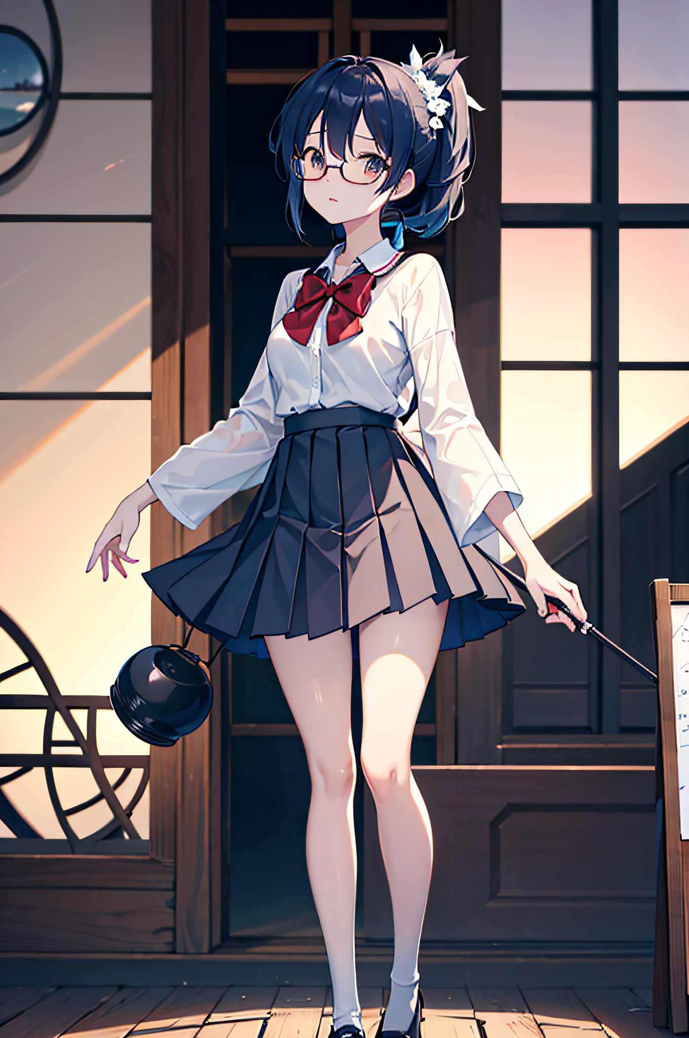 (8K、Raw photography、top-quality、masterpiece:1.2)masterpiece,top-quality、超A high resolution,Raw photo,ren,Beautiful fece,shorth hair,One Person, 独奏,eye glass,,Dark look,Small breasts,fullllbody,Round glasses、cute little、A Japanese Lady,is standing,Hard-eyed,skinny,Rasping,irate,small tits,flat breast(Realistic、Photorealsitic:1.37)、Photon mapping,Light blue ribbon,Realistic、Cute little face,short hair ponytail,Brown-eyed、Black socks、Red bow tie、Radio City、Physically Based Rendering、Foreground、depth of fields、Blurry background、a picture,The girls、Body, Long legs, Thin leg, Medium Hair,(Bangs are visible), hair_ornament detached, s lips, Blue_The eye, nosesoft, Light blue shirt, Navy blue and white plaid pleated skirt, Sheer clothing,, Thigh, Black cotton socks