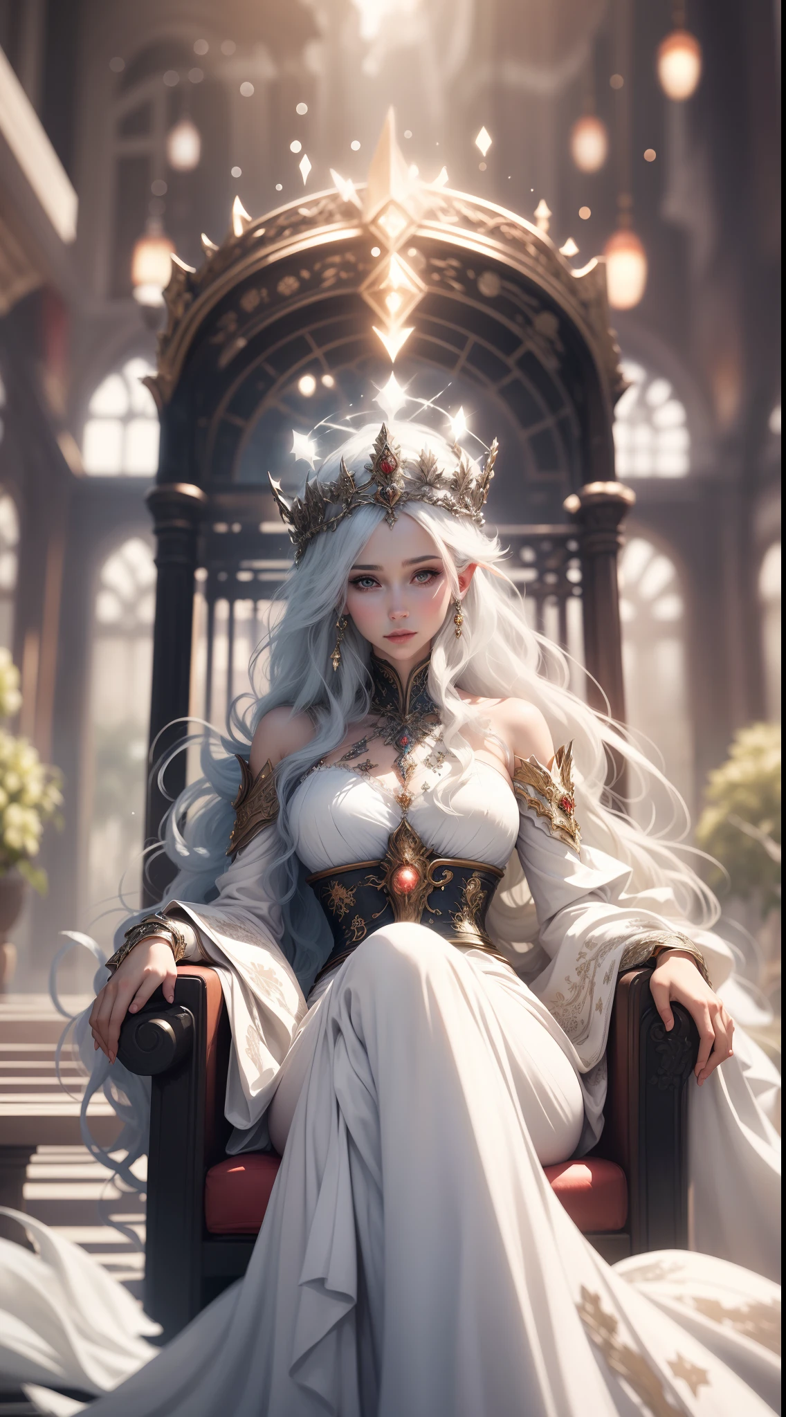 there is a woman sitting in a chair with a white dress, ((a beautiful fantasy empress)), a beautiful fantasy empress, ethereal beauty, queen of winter, beautiful and elegant elf queen, elegant cinematic fantasy art, ethereal fantasy, beautiful fantasy art, fantasy art style, goddess of winter, magali villeneuve', ethereal fairytale, elegant lady with alabaster skin