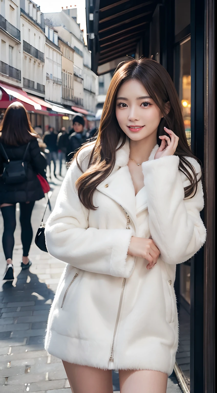 masutepiece, Best Quality, Photorealistic, Ultra-detailed, finely detail, High resolution, 8K、Wallpaper, 1 beautiful woman, Asian Beauty, In a fluffy coat, a miniskirt, ligh brown hair, Facing the front, Perfect dynamic composition, Beautiful detailed eyes, Smile, On the streets of Paris,