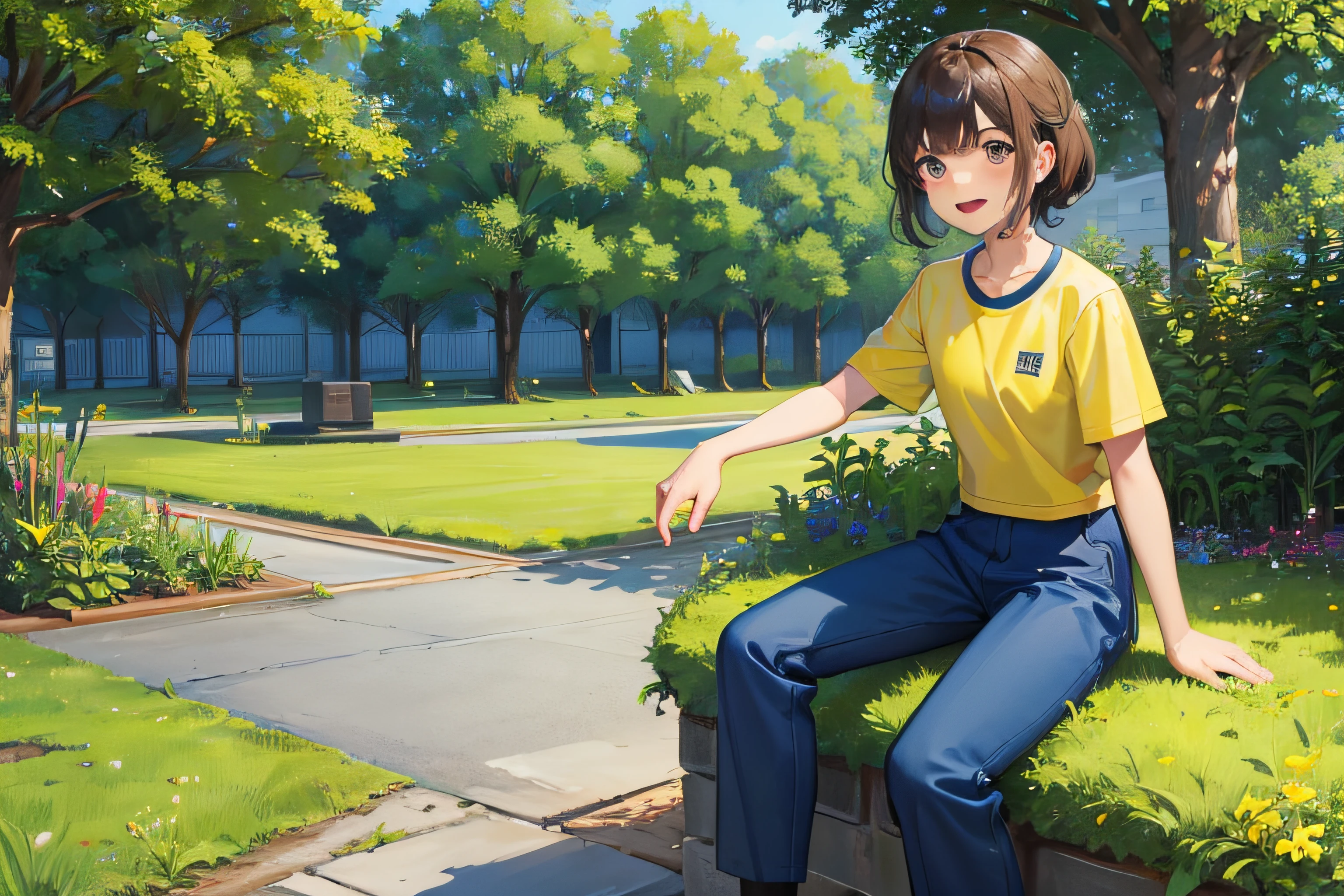 Floral landscape showing a happy caucasian student of about 10 years old in school uniform, Yellow T-shirt and blue long pants