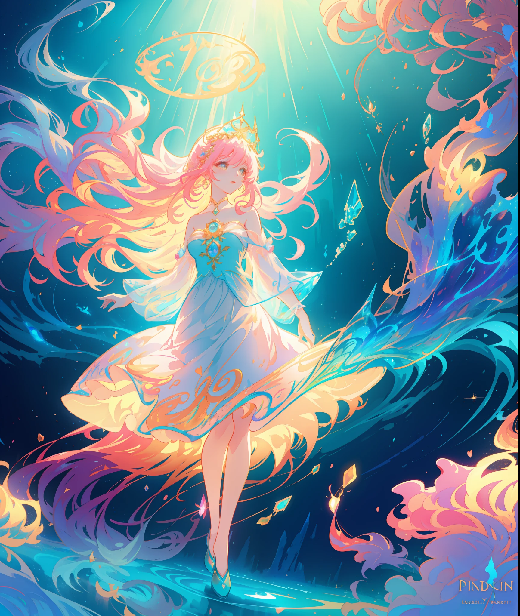 beautiful girl, puffy tiered ballgown, otherworldly forest landscape, vibrant pastel colors, (colorful), glowing golden long hair, magical lights, sparkling magical liquid, inspired by Glen Keane, inspired by Lois van Baarle, disney art style, by Lois van Baarle, glowing aura around her, by Glen Keane, jen bartel, glowing lights! digital painting, flowing glowing hair, glowing flowing hair, beautiful digital illustration, fantasia background, whimsical, magical, fantasy, ((beautiful face)), ((masterpiece, best quality)), intricate details, highly detailed, sharp focus, 8k resolution, sparkling detailed eyes, liquid watercolor