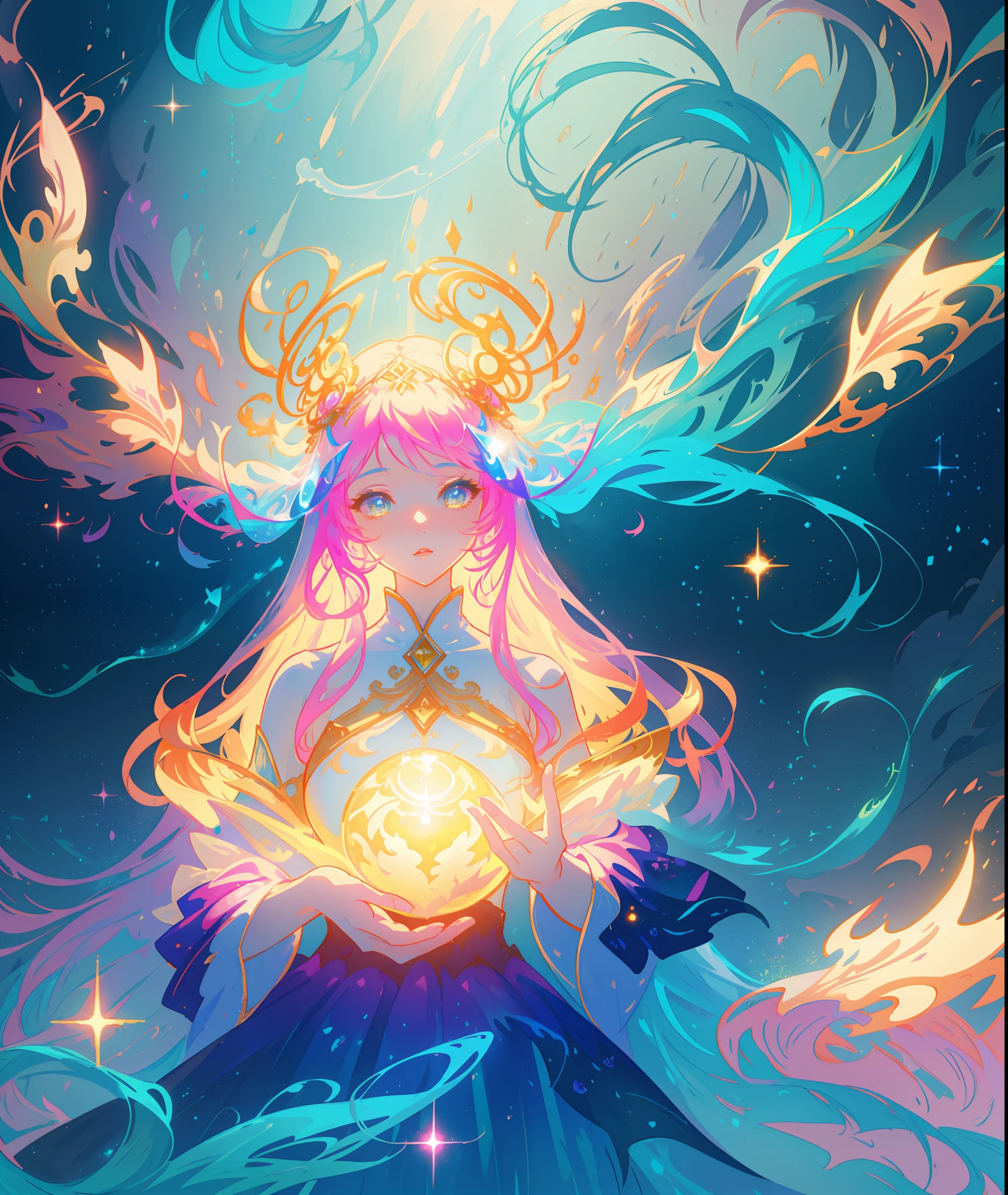 beautiful girl, puffy tiered ballgown, otherworldly forest landscape, vibrant pastel colors, (colorful), glowing golden long hair, magical lights, sparkling magical liquid, inspired by Glen Keane, inspired by Lois van Baarle, disney art style, by Lois van Baarle, glowing aura around her, by Glen Keane, jen bartel, glowing lights! digital painting, flowing glowing hair, glowing flowing hair, beautiful digital illustration, fantasia background, whimsical, magical, fantasy, ((beautiful face)), ((masterpiece, best quality)), intricate details, highly detailed, sharp focus, 8k resolution, sparkling detailed eyes, liquid watercolor