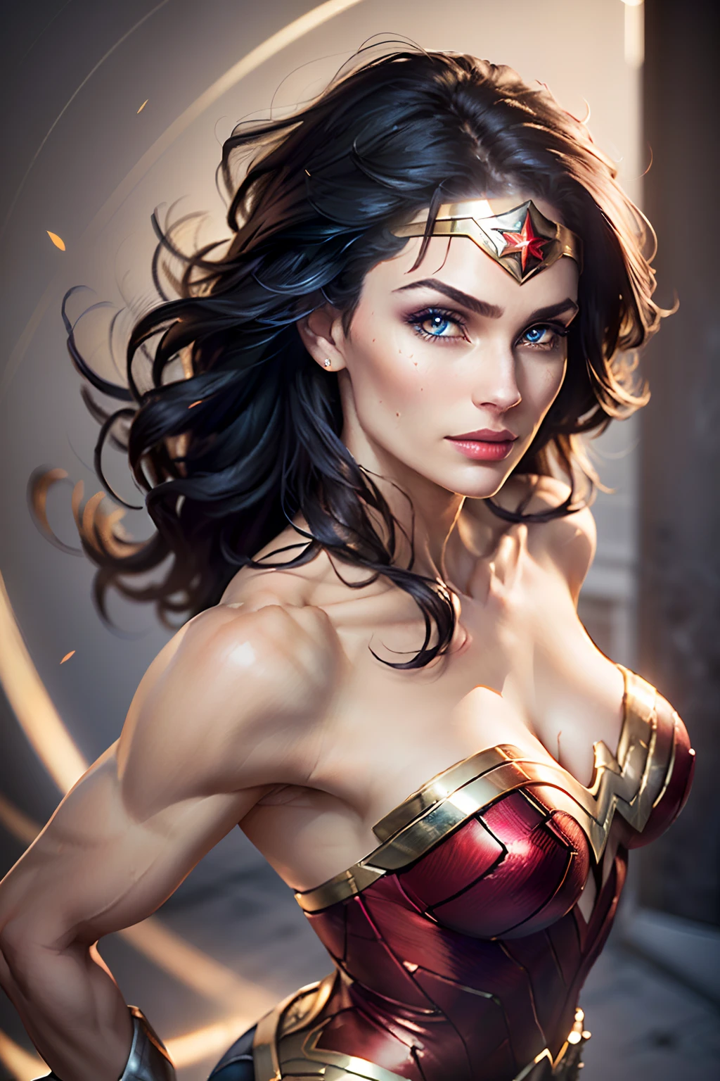 1woman, Wonder Woman, (intricate details, makeup), (delicate and beautiful delicate face, delicate and beautiful delicate eyes, perfectly proportioned face), delicate skin, strong and realistic blue eyes, realistic black hair, lips, makeup, natural skin texture, tiara, jewelry, star \(symbol\), leotard, bulletproof gauntlet, red boots, golden girdle, (public clothing: 1.5), bare shoulders, slightly sunburned complexion, mature, sexy, toned muscles, (muscles:1.2), ((strong and healthy body)), ((((more) muscles))), long legs, curves, (big breasts: 1.3), thin waist, soft waist, (delicate skin), (beautiful and sexy woman), (swollen lips: 0.9), very delicate muscles, standing,(realistic: 1.5), photorealistic, octane rendering, hyperrealistic, tight modeling, (photorealistic face: 1.2), thick eyelashes, long eyelashes, (curly dark hair: 1.1), best quality, half smile, (looking at the viewer), sharp focus, (4k), (masterpiece), (best quality), fantasy, extremely detailed, intricate, hyper detailed, (perfect face), illustration, soft lighting,(specular lighting:1.4), blue eyes, absurdly photorealistic, ultra high resolution, intricate, hyperdetailed, (skindentation), female, detailed body, (detailed face: 1.1), (outlined iris), (hydrocolor lenses), (perfect eyes), 4k, gorgeous, (masterpiece: 1.2), (best quality:1.2),