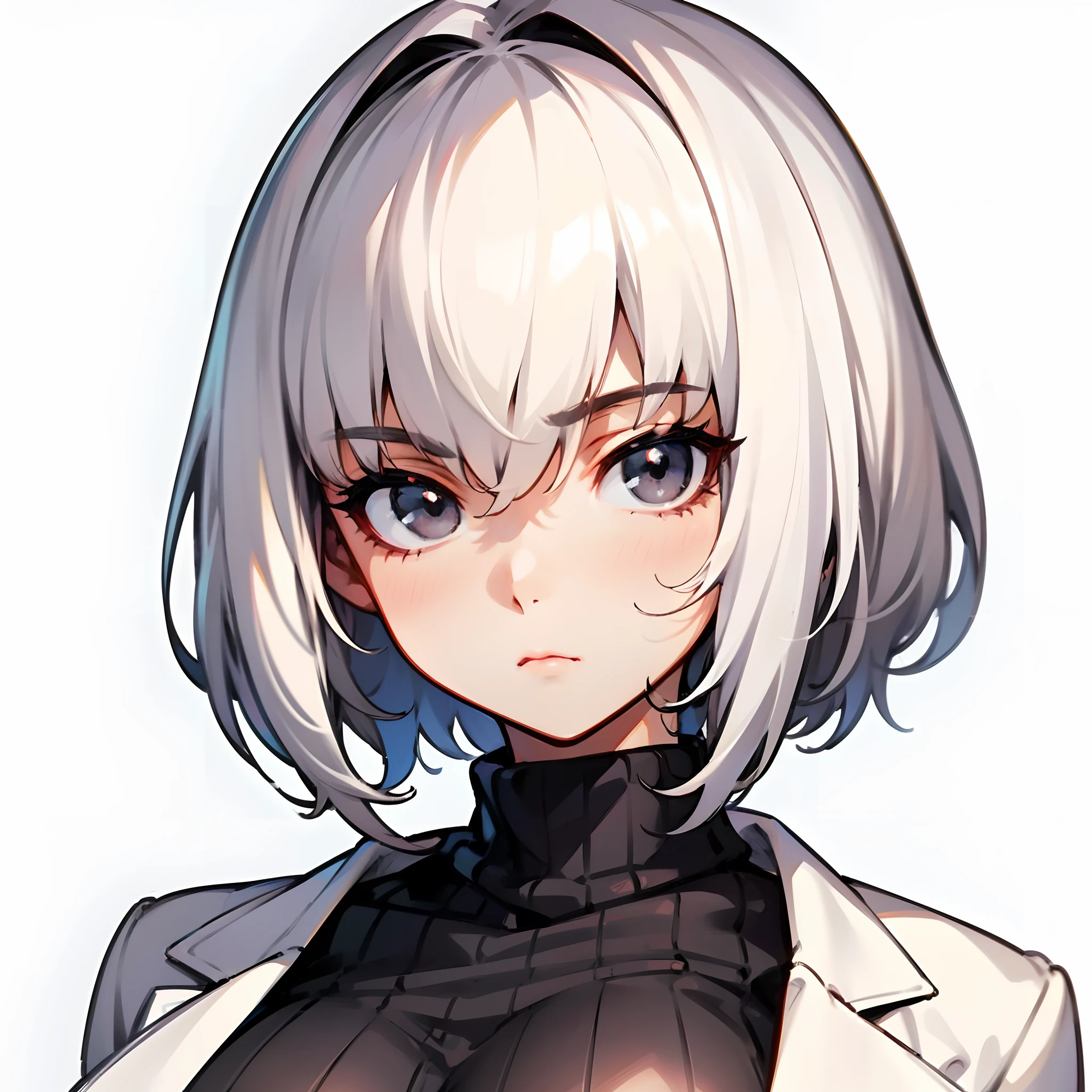1woman, short messy white hair, black eyes, white scientist coat, black ribbed sweater, big breast, stoic expression, solo, best quality, masterpiece, portrait, simple background, looking at the camera, from the front, 1result, vibrant, detailed, perfect anatomy, detailed art, high definition, 4k, high resolution