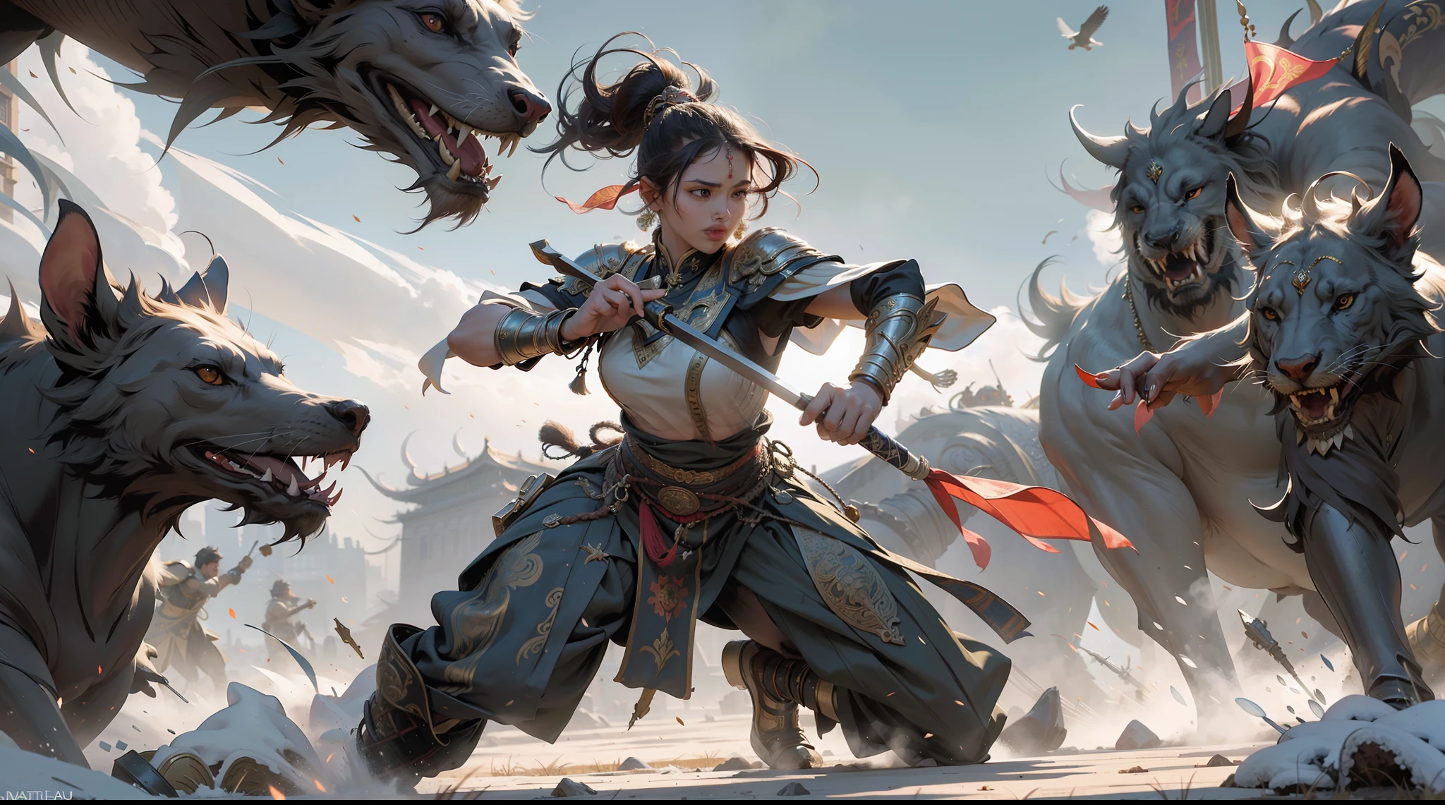 a hyper-realistic and hyper-intricate cinematic VFX matte painting digital resource of an ancient battle in a detailed depiction of Indian Bharat warriors, adorned in canonical Bharat armor, engaged in fierce combat against the ancient army of Chinese sable warrior imperials within the Forbidden City. The background should showcase the Forbidden City in hyper-detailed historic consistency. Emulate an art style inspired by cinematic realism and incorporate elements from renowned matte painting artists . Utilize a long shot camera shot type with a 300mm+ lens to capture the sprawling battlefield. The lighting should emphasize the play of light and shadow on the warriors and architecture. Aim for an ultra-high resolution to highlight the intricate details. The desired outcome is to create a mesmerizing image that captivates viewers with its cinematic quality.