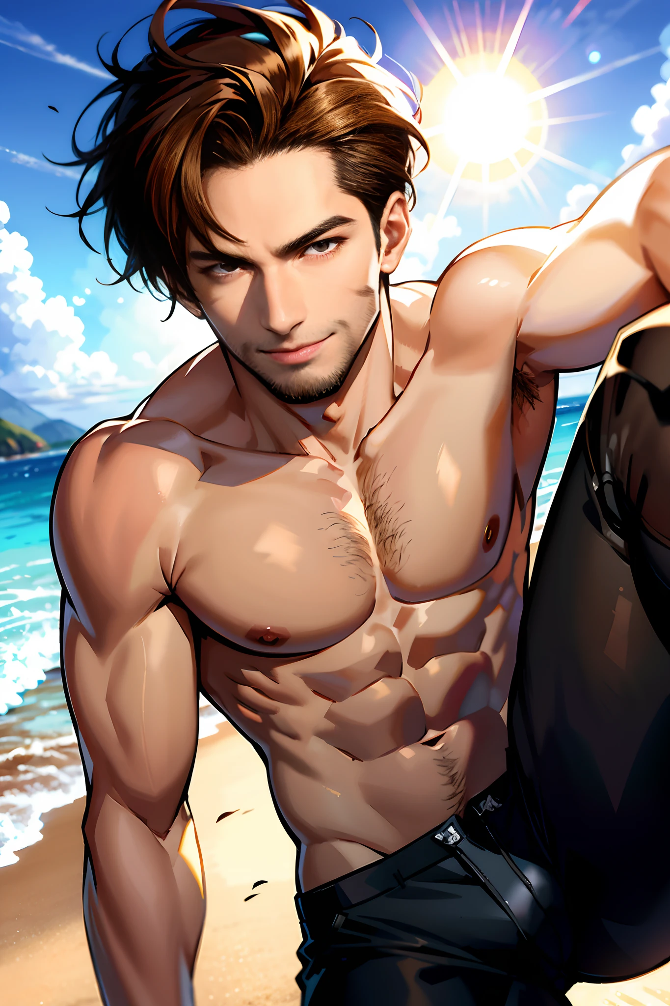 ((masterpiece)),dynamic angle,best lighting,(evil looking man frolicking on the beach),(black zebra swimsuit pants),(Thin macho),glistening skin,
BREAK
(darkbrown hair),beautiful detailed eyes,black eyes,28 years old,very short hair,delicate beautiful face,smile,fantastic autumn sky,stubble,shining sun:1.2