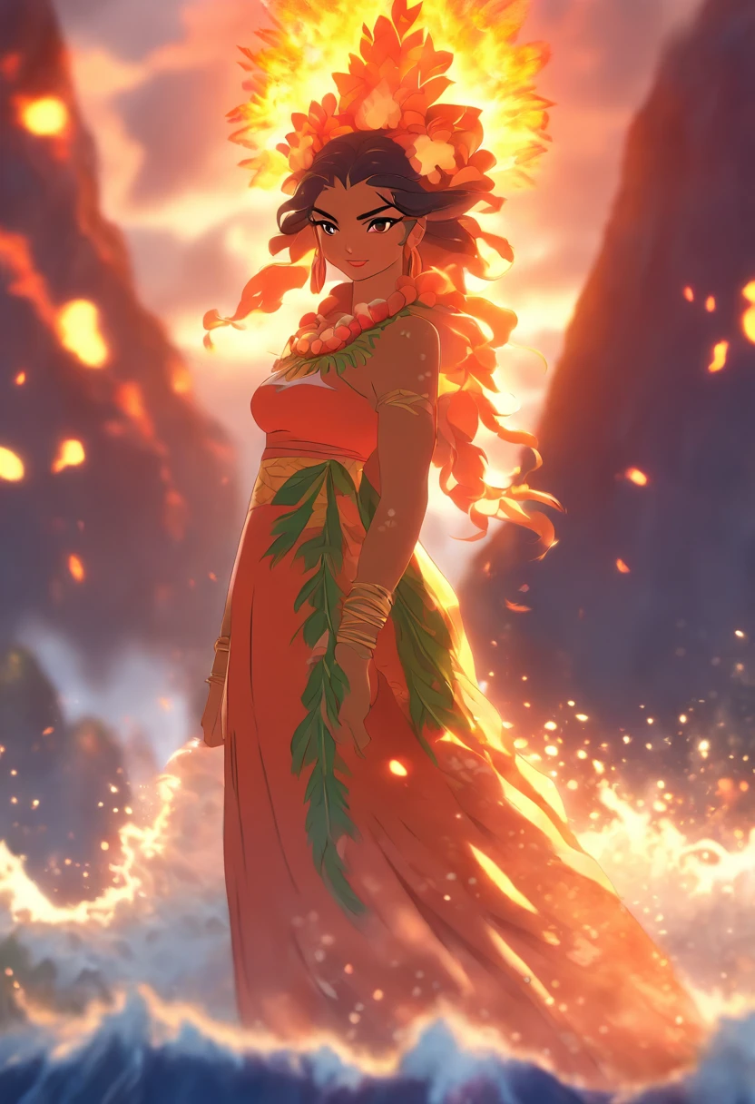 (((Hawaiian goddess))) best quality, ultra-high resolution, 4K detailed CG, master piece, volcano in the background, Hawaiian mythology, ((Volcano goddess)) , Maori image, aesthetic, centered on screen