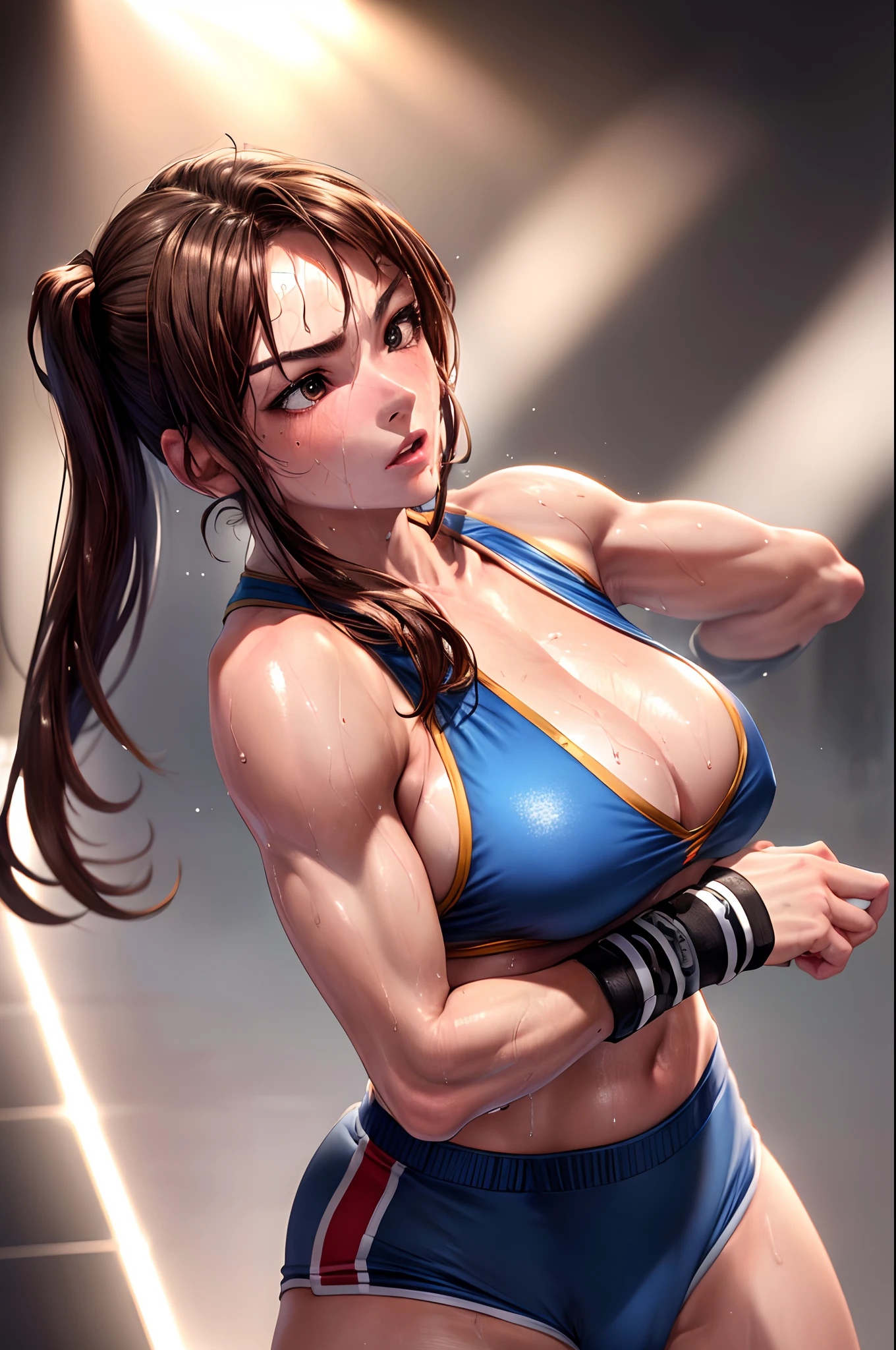 (Best Quality,8K,hight resolution,masuter piece:1.2),Ultra-detailed,Realistic:1.37,Portrait,Dynamic Angle,(Female boxer) ,Teenage girl,small head,Cute,Sporty,Charming face,Detailed beauty face,Very realistic skin,Wet skin,Sweat,Large breasts,nice legs ,Sporty,Boxer competition venue ,Cinematic lighting,