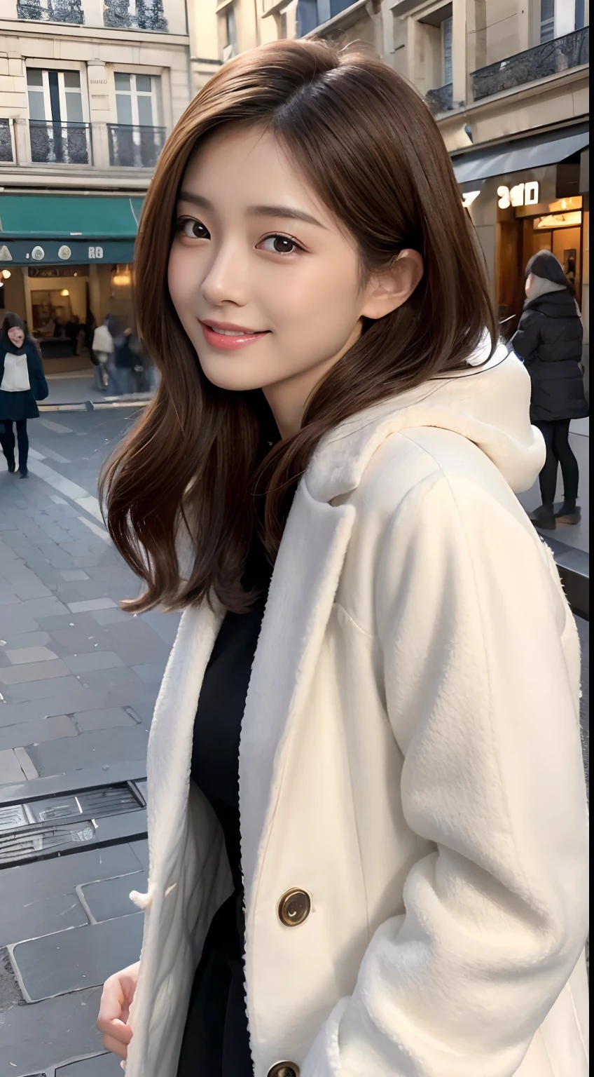 masutepiece, Best Quality, Photorealistic, Ultra-detailed, finely detail, High resolution, 8K、Wallpaper, 1 beautiful woman, Asian Beauty, In a fluffy coat, ligh brown hair, Perfect dynamic composition, Beautiful detailed eyes, Smile, On the streets of Paris,