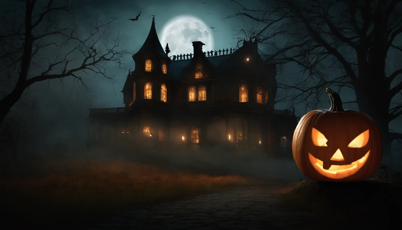 (best quality,4k,8k,highres,masterpiece:1.2),ultra-detailed,(realistic,photorealistic,photo-realistic:1.37),HDR,UHD,studio lighting,ultra-fine painting,sharp focus,physically-based rendering,extreme detail description,professional,vivid colors

Scary Halloween pumpkin,detailed carved pumpkin face,ominous lighting,creepy atmosphere,dark background,witches and ghosts lurking in shadows,haunted mansion silhouette,full moon and eerie clouds, Jack-o'-lantern,nighttime scene,evil grin,flickering candle light,costumed children trick-or-treating,horror movie vibe,spooky,macabre,dark magic,horrible things happening,cobwebs and spiders,vibrant orange color tones,scary flickering light,wrinkled pumpkin skin,illuminated eyes and mouth,ominous shadows,captivating and sinister

adjective(Adjective):
scary,creepy,ominous,dark,haunted,macabre,evil,horrible,spooky,eerie

noun(Noun):
Halloween,pumpkin,face,lighting,atmosphere,background,witches,ghosts,shadows,mansion,silhouette,moon,clouds,Jack-o'-lantern,scene,grin,candle,children,movie,vibe,spider,color,light,cobwebs,skin,eyes,mouth,shadows

verb(Verb):
carved,lurking,trick-or-treating,happening,illuminated