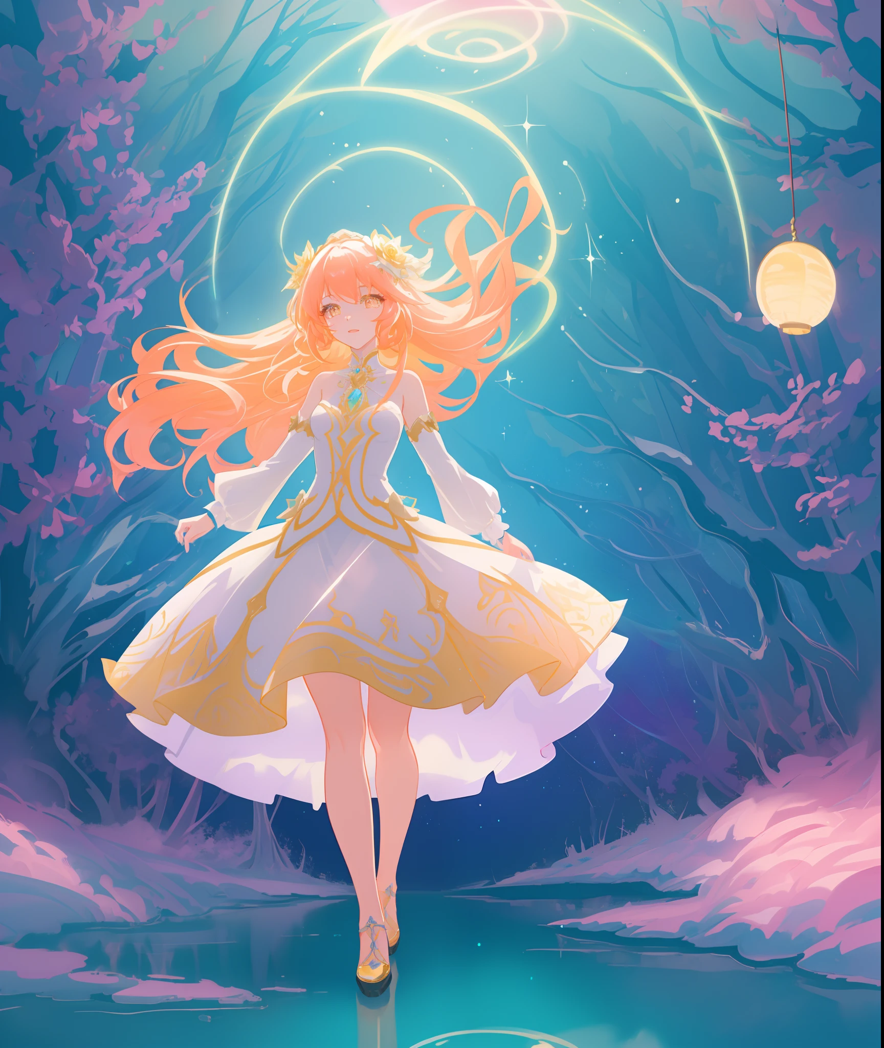 beautiful girl, puffy tiered ballgown, otherworldly forest landscape, vibrant pastel colors, (colorful), glowing golden long hair, magical lights, sparkling magical liquid, inspired by Glen Keane, inspired by Lois van Baarle, disney art style, by Lois van Baarle, glowing aura around her, by Glen Keane, jen bartel, glowing lights! digital painting, flowing glowing hair, glowing flowing hair, beautiful digital illustration, fantasia background, whimsical, magical, fantasy, ((beautiful face)), ((masterpiece, best quality)), intricate details, highly detailed, sharp focus, 8k resolution, sparkling detailed eyes, liquid watercolor