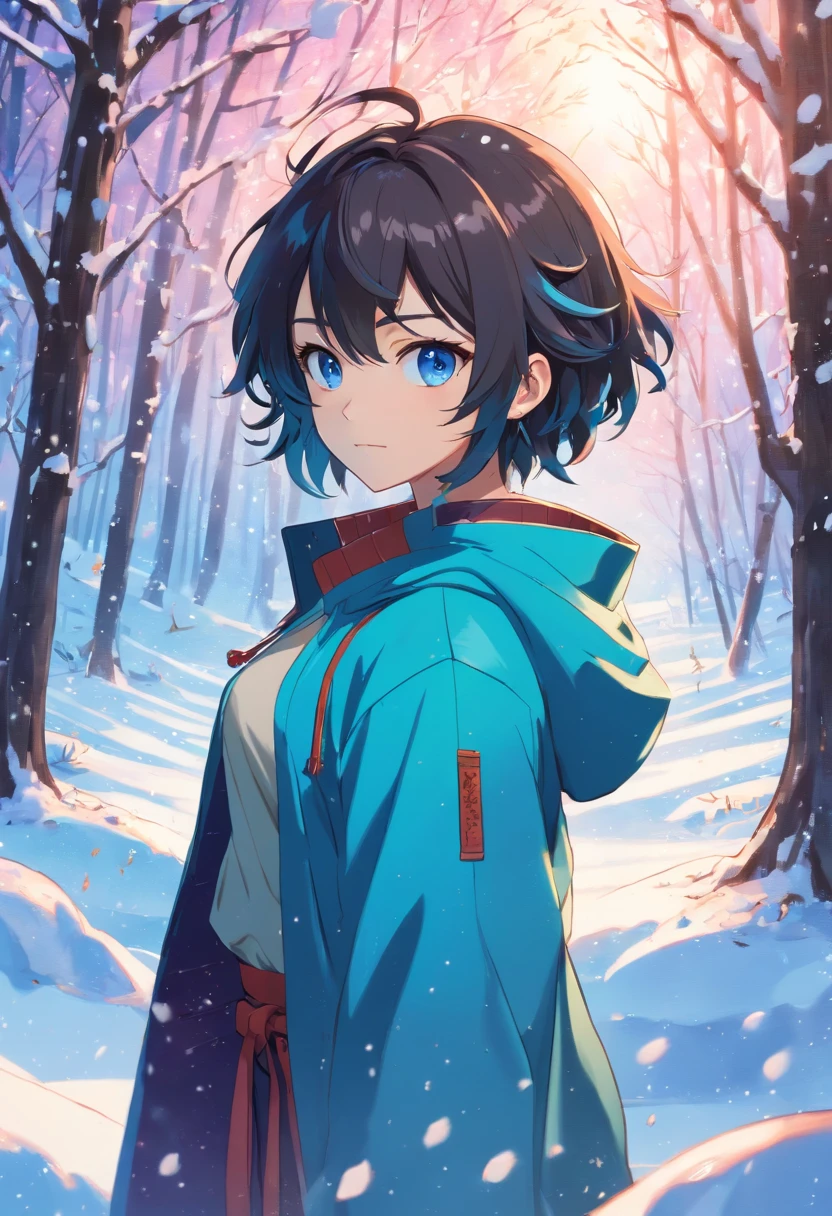 El anime, (La mejor calidad), 1chico, se detiene, (Cuerpo ancho), (Bosque nevado con puesta de sol), ((cabello negro desordenado)), (Pelo ultra corto), ((Ojos azules impasibles)), Ropa japonesa, Abrigo azul abierto ((azul con patrones de copos de nieve)), ((dobladillo en la cintura)), El arte del asesino de demonios, Demon Slayer Artstyle, kimetsu no yaiba