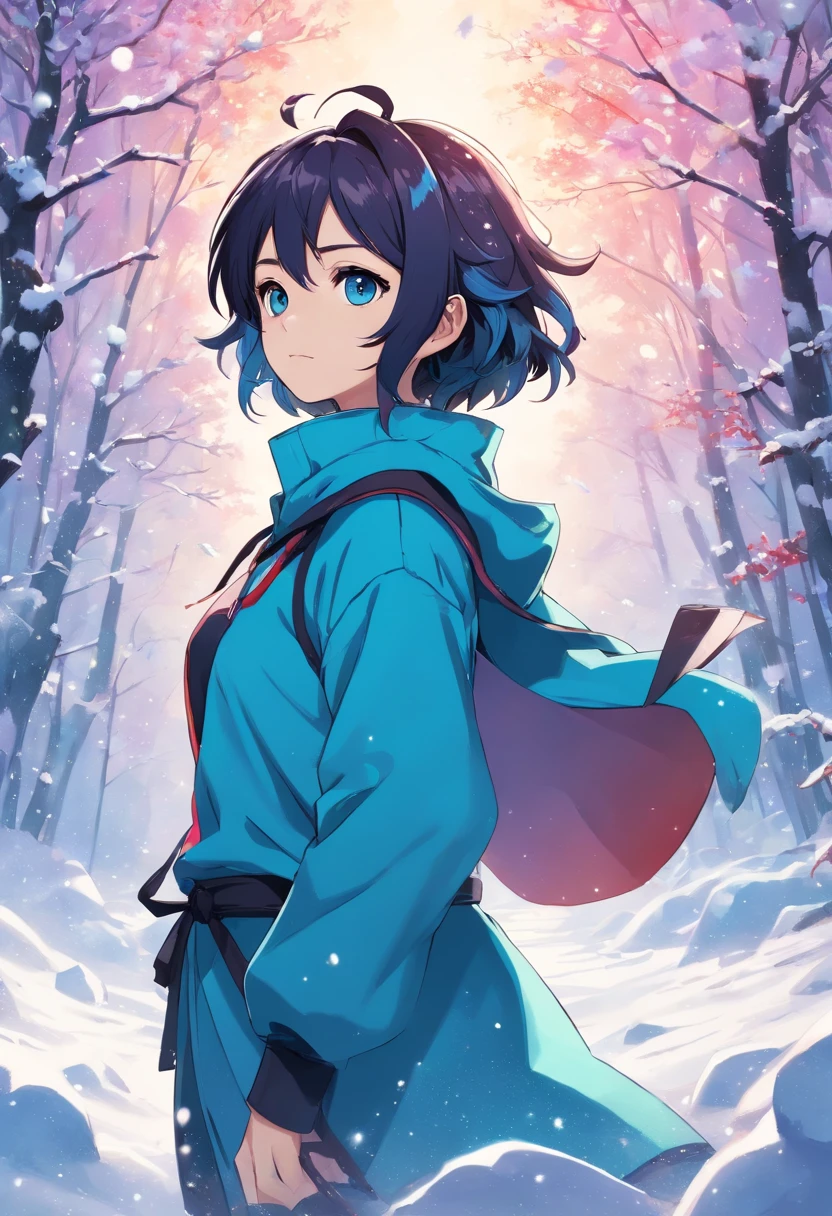 El anime, (La mejor calidad), 1chico, se detiene, (Cuerpo ancho), (Bosque nevado con puesta de sol), ((cabello ????? desordenado)), (Pelo ultra corto), ((Ojos azules impasibles)), Ropa japonesa, Abrigo azul abierto ((azul con patrones de copos de nieve)), ((dobladillo en la cintura)), El arte del asesino de demonios, Demon Slayer Artstyle, kimetsu no yaiba