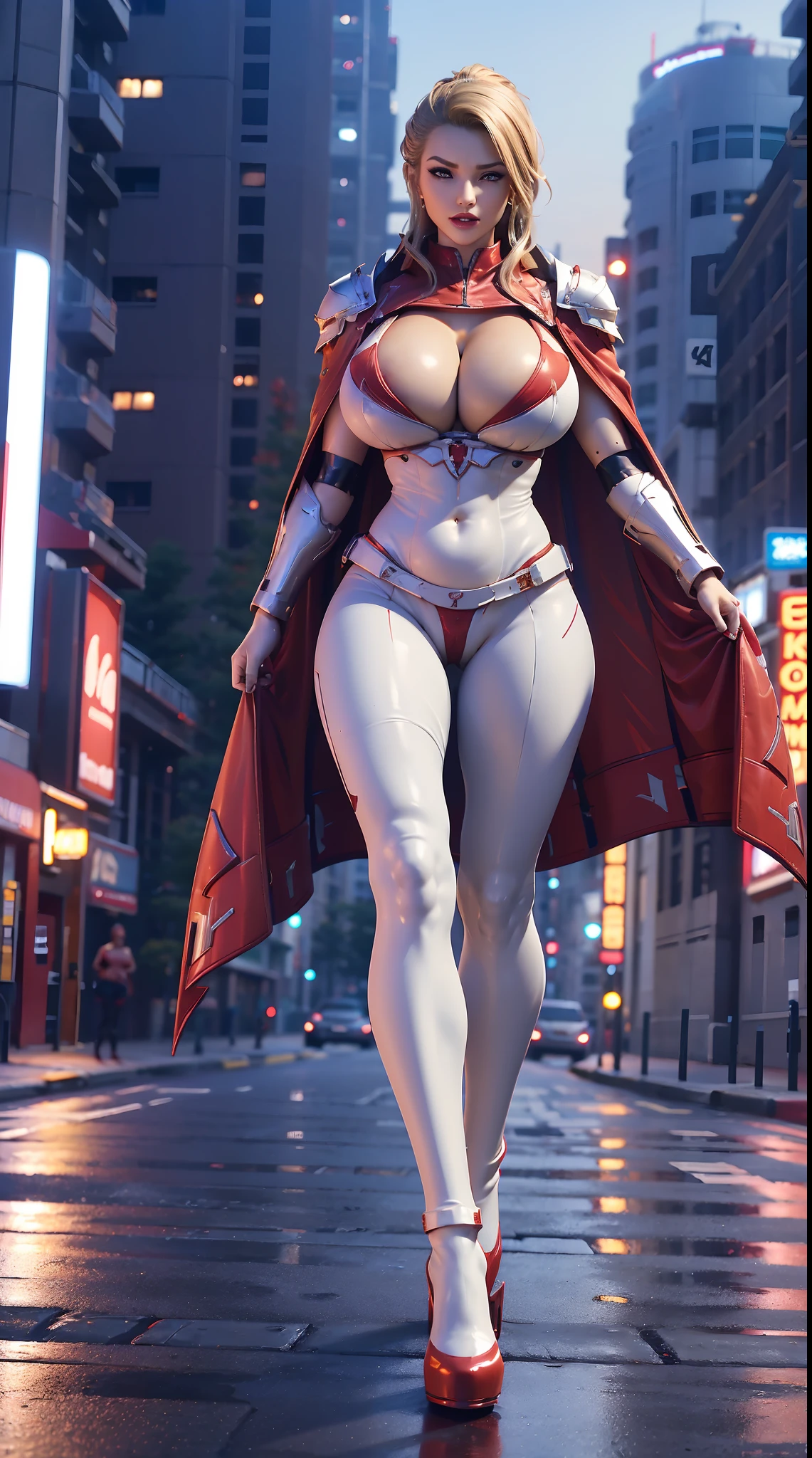 1GIRL, SOLO, (ssmile, makeup, beautifull eyes, red libs), (HUGE FAKE BOOBS:1.3), (GUARD ARM), (red, white, FUTURISTIC MECHA ARMORED, ROYAL CAPE, CLEAVAGE, SKINTIGHT YOGA PANTS, HIGH HEELS:1.4), (NSFW MUSCULAR BODY, SEXY LONG LEGS, FULL BODY:1.3), (LOOKING AT VIEWER:1), (WALKING DOWN ON STREET NIGHT CITY:1.3), PHYSICALLY-BASED RENDERING, ULTRA HIGHT DEFINITION, 8K, 1080P.