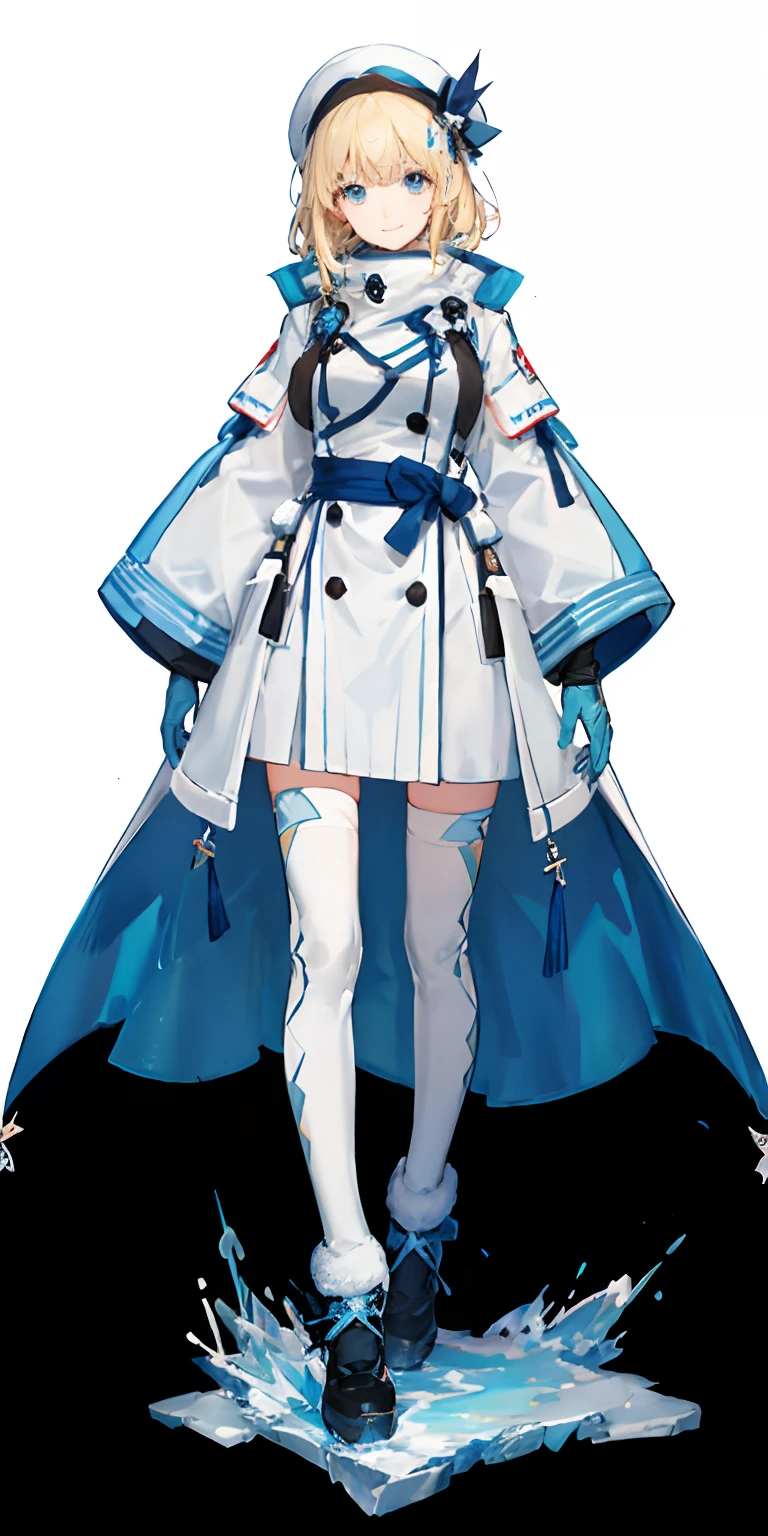 masterpiece,1girl in,独奏,bobhair,a blond,Warm clothing,Light blue eyes,a smile,character designs,Full body view,with a pure white background,Standing Picture,Winter clothing,White coat,fluffy,rearing,