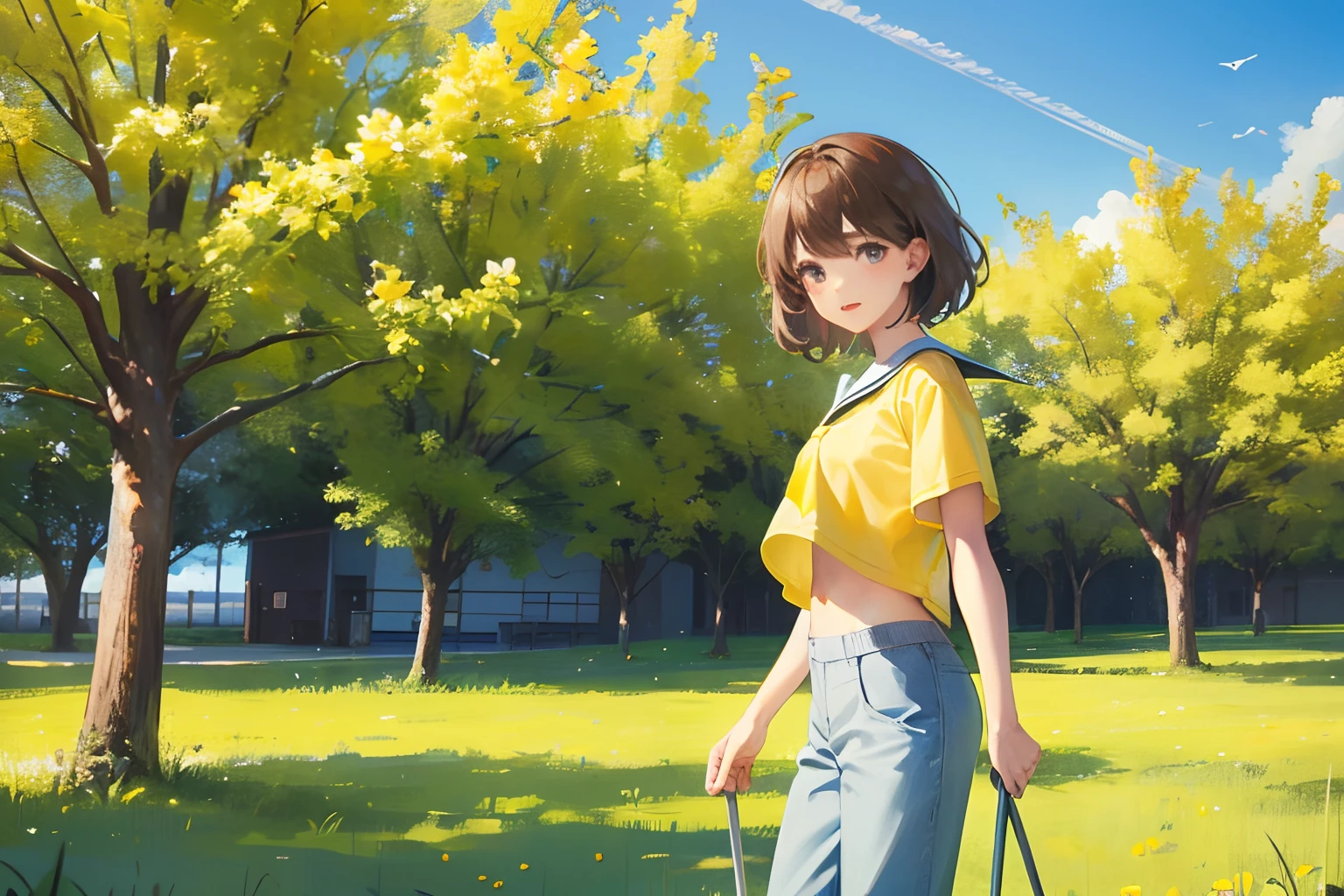 Floral landscape showing a happy caucasian student of about in school uniform, Yellow T-shirt and blue long pants