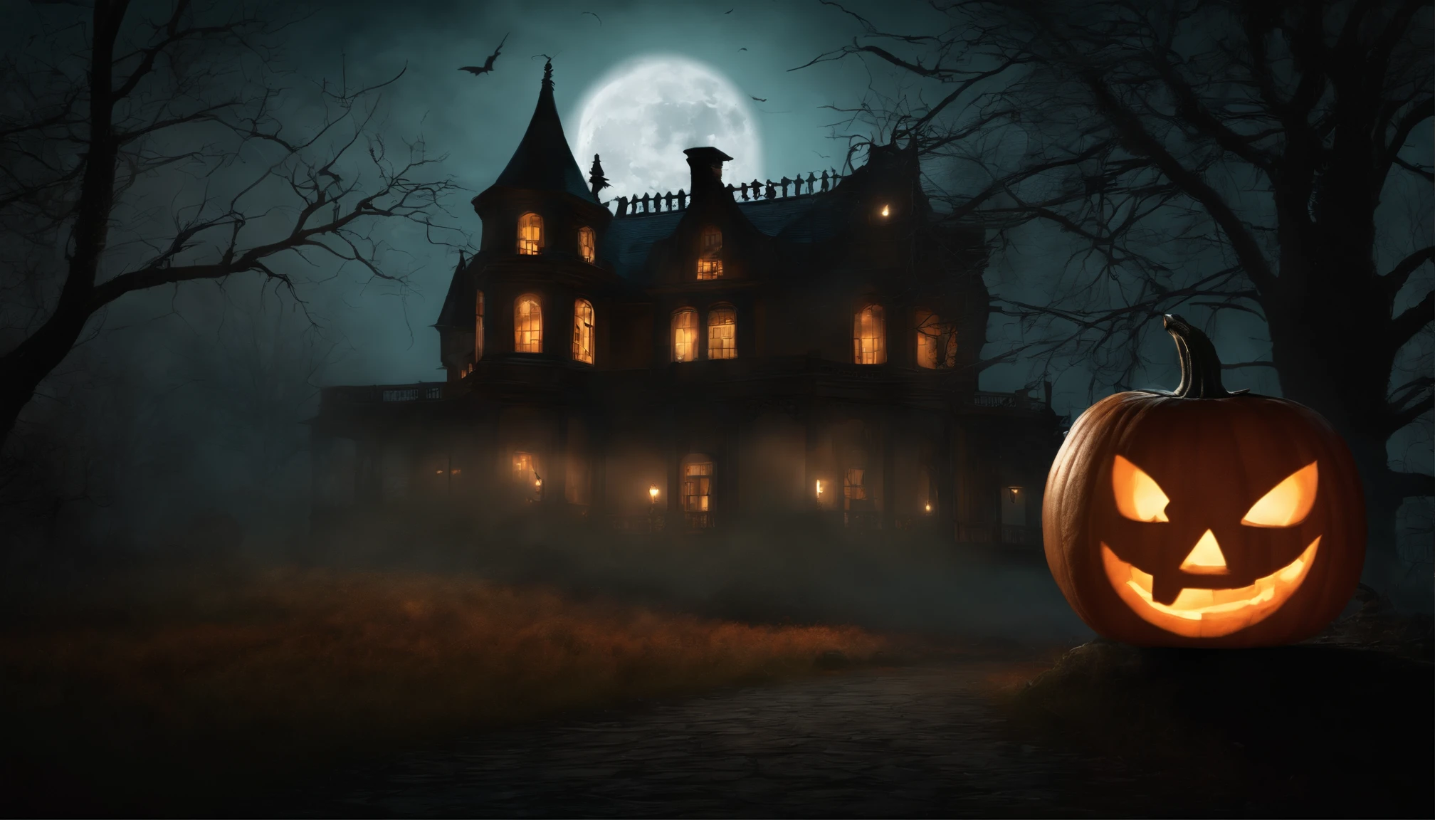 (best quality,4k,8k,highres,masterpiece:1.2),ultra-detailed,(realistic,photorealistic,photo-realistic:1.37),HDR,UHD,studio lighting,ultra-fine painting,sharp focus,physically-based rendering,extreme detail description,professional,vivid colors
Scary Halloween pumpkin,detailed carved pumpkin face,ominous lighting,creepy atmosphere,dark background,witches and ghosts lurking in shadows,haunted mansion silhouette,full moon and eerie clouds, Jack-o'-lantern,nighttime scene,evil grin,flickering candle light,costumed children trick-or-treating,horror movie vibe,spooky,macabre,dark magic,horrible things happening,cobwebs and spiders,vibrant orange color tones,scary flickering light,wrinkled pumpkin skin,illuminated eyes and mouth,ominous shadows,captivating and sinister
adjective(Adjective):
scary,creepy,ominous,dark,haunted,macabre,evil,horrible,spooky,eerie
noun(Noun):
Halloween,pumpkin,face,lighting,atmosphere,background,witches,ghosts,shadows,mansion,silhouette,moon,clouds,Jack-o'-lantern,scene,grin,candle,children,movie,vibe,spider,color,light,cobwebs,skin,eyes,mouth,shadows
verb(Verb):
carved,lurking,trick-or-treating,happening,illuminated
