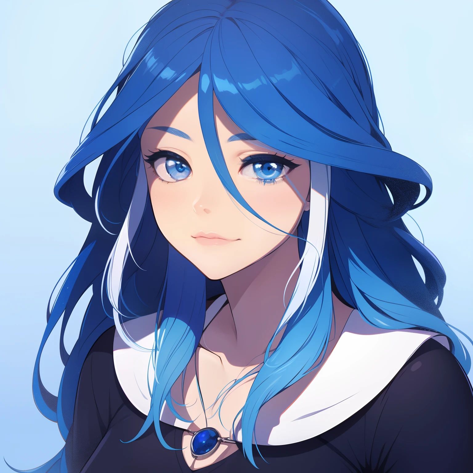 A solo portrait of Urubida with blue long hair and white highlights