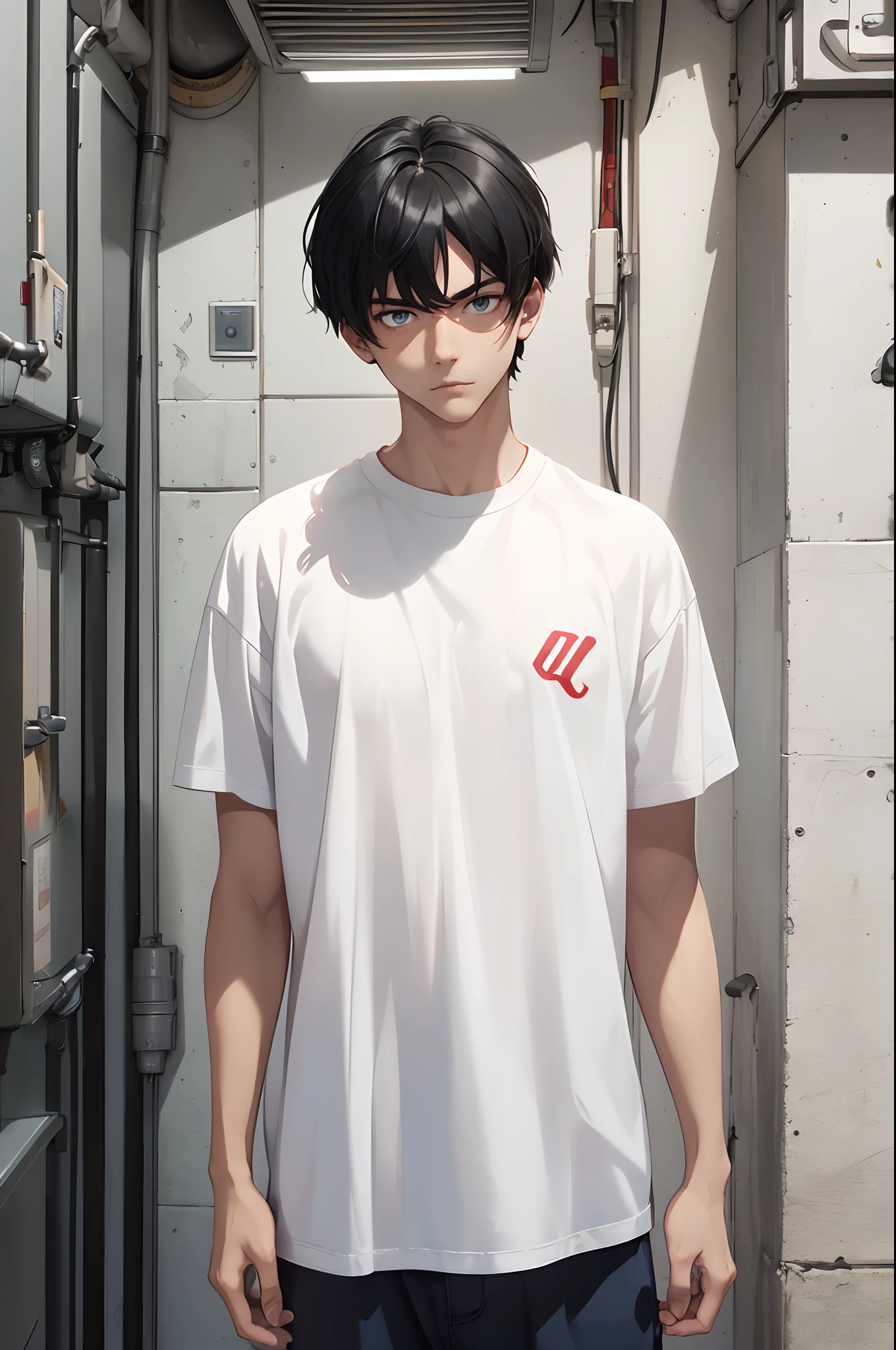 A man wearing red sneakers and a white t-shirt with white pants. He has strait jet black hair and clean cut bangs, dark blue eyes and pale skin. He is standing and looking at the camera.
